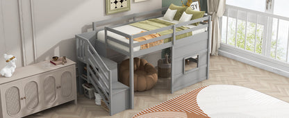 Twin Size Loft Bed with Storage Staircase and Window, With LED Light, Gray image 9