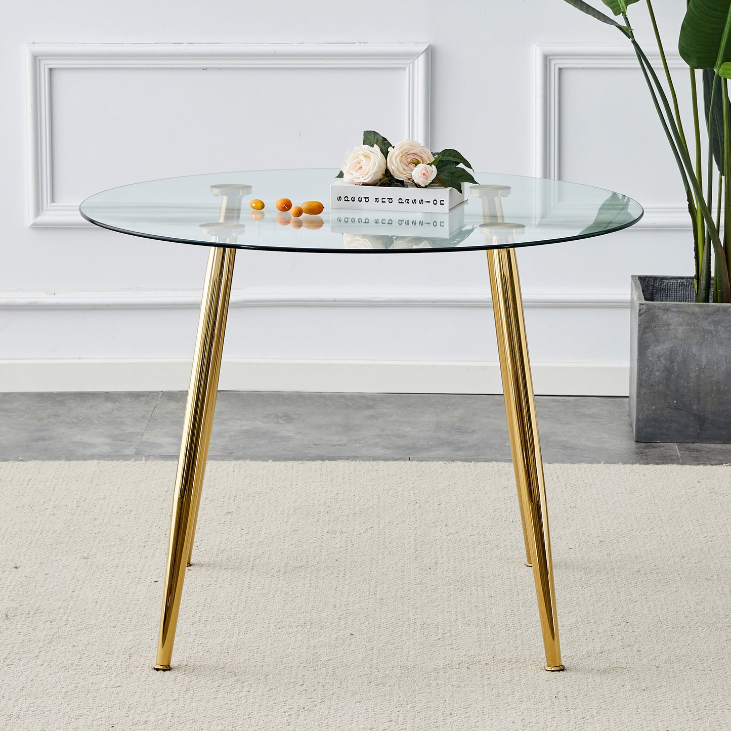 A glass tabletop with a diameter of 40 inches and a modern minimalist circular dining table with electroplated golden metal legs.Suitable for living rooms, and conference rooms.W1151S02857 image 3