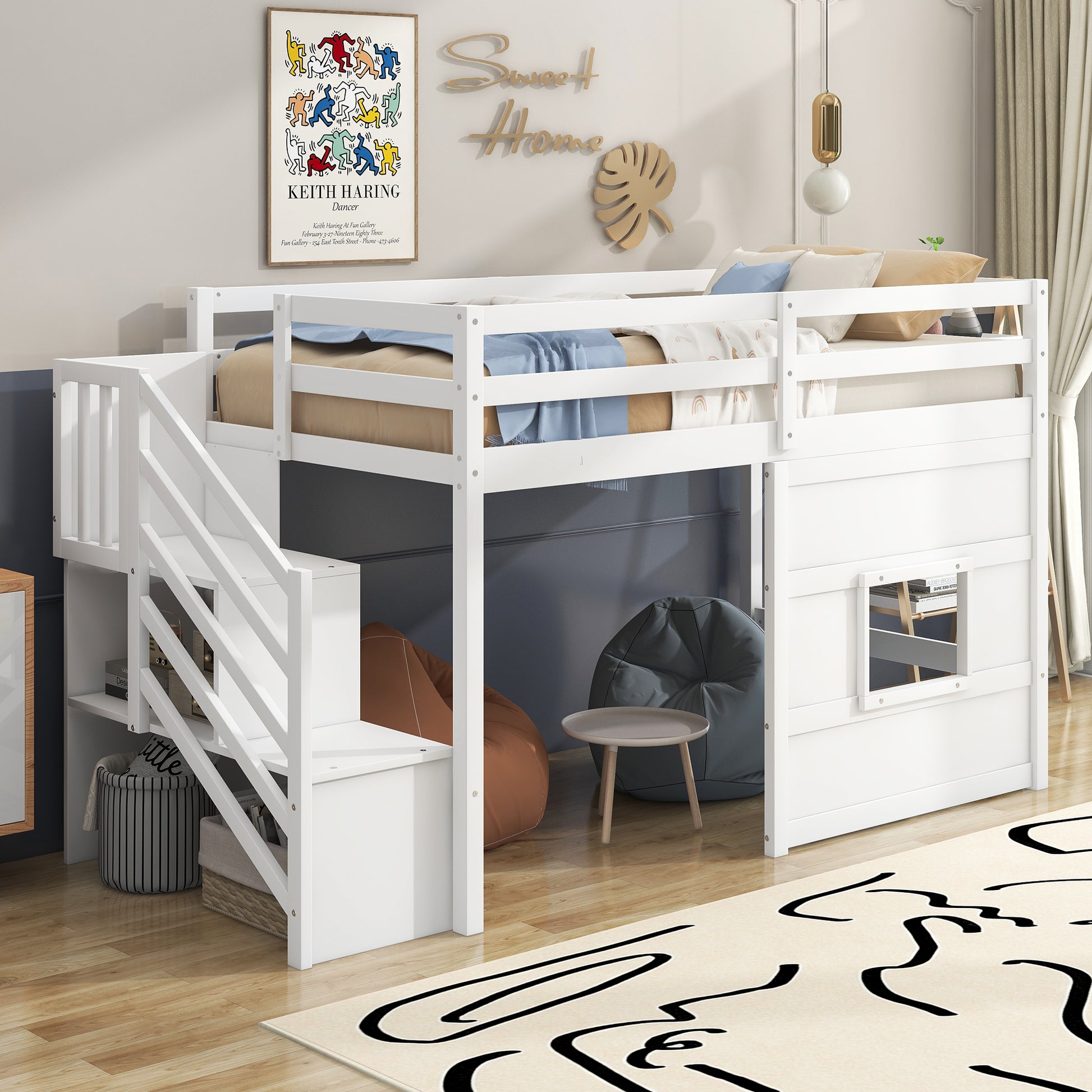 Twin Size Loft Bed with Storage Staircase and Window, With LED Light, White image 6