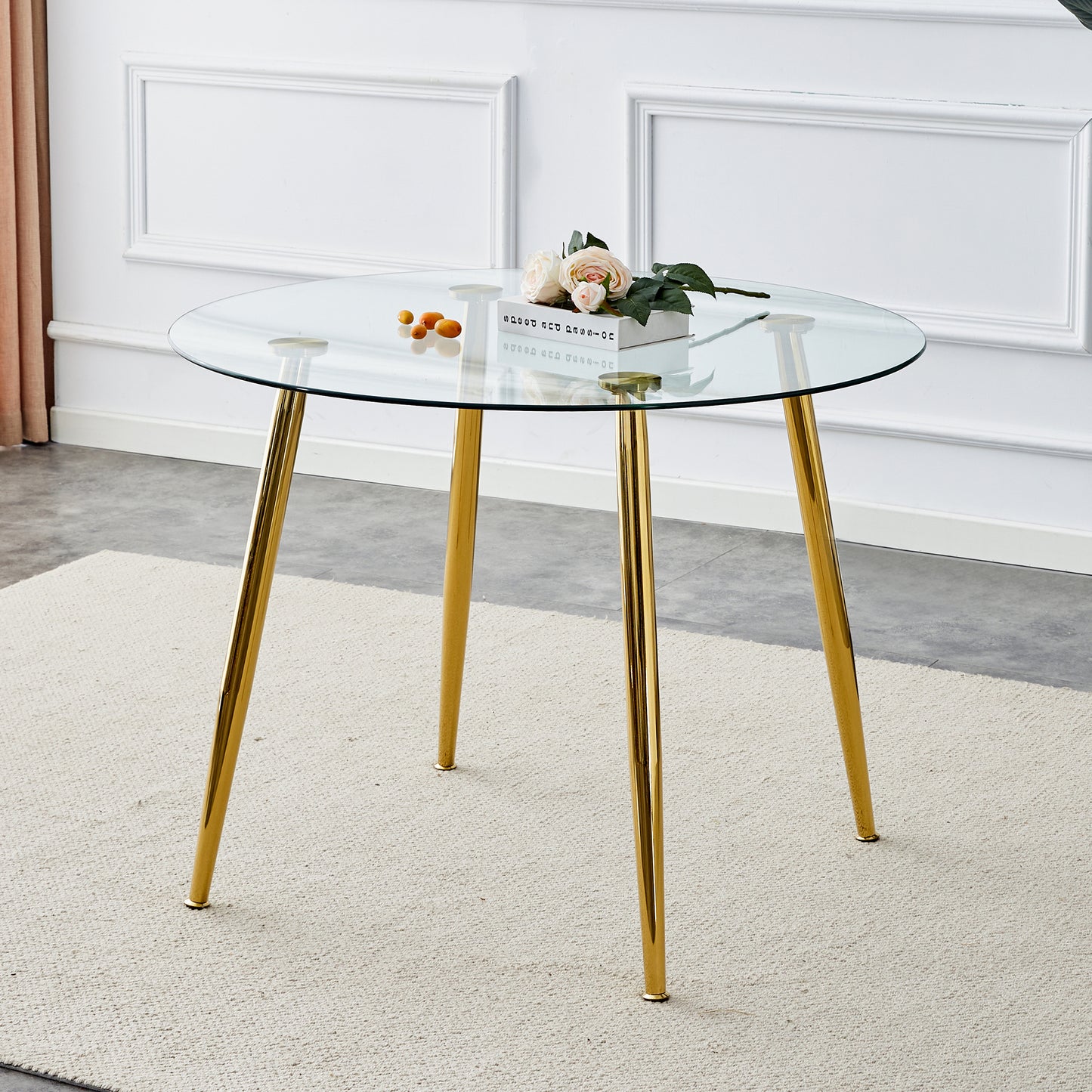 A glass tabletop with a diameter of 40 inches and a modern minimalist circular dining table with electroplated golden metal legs.Suitable for living rooms, and conference rooms.W1151S02857 image 2
