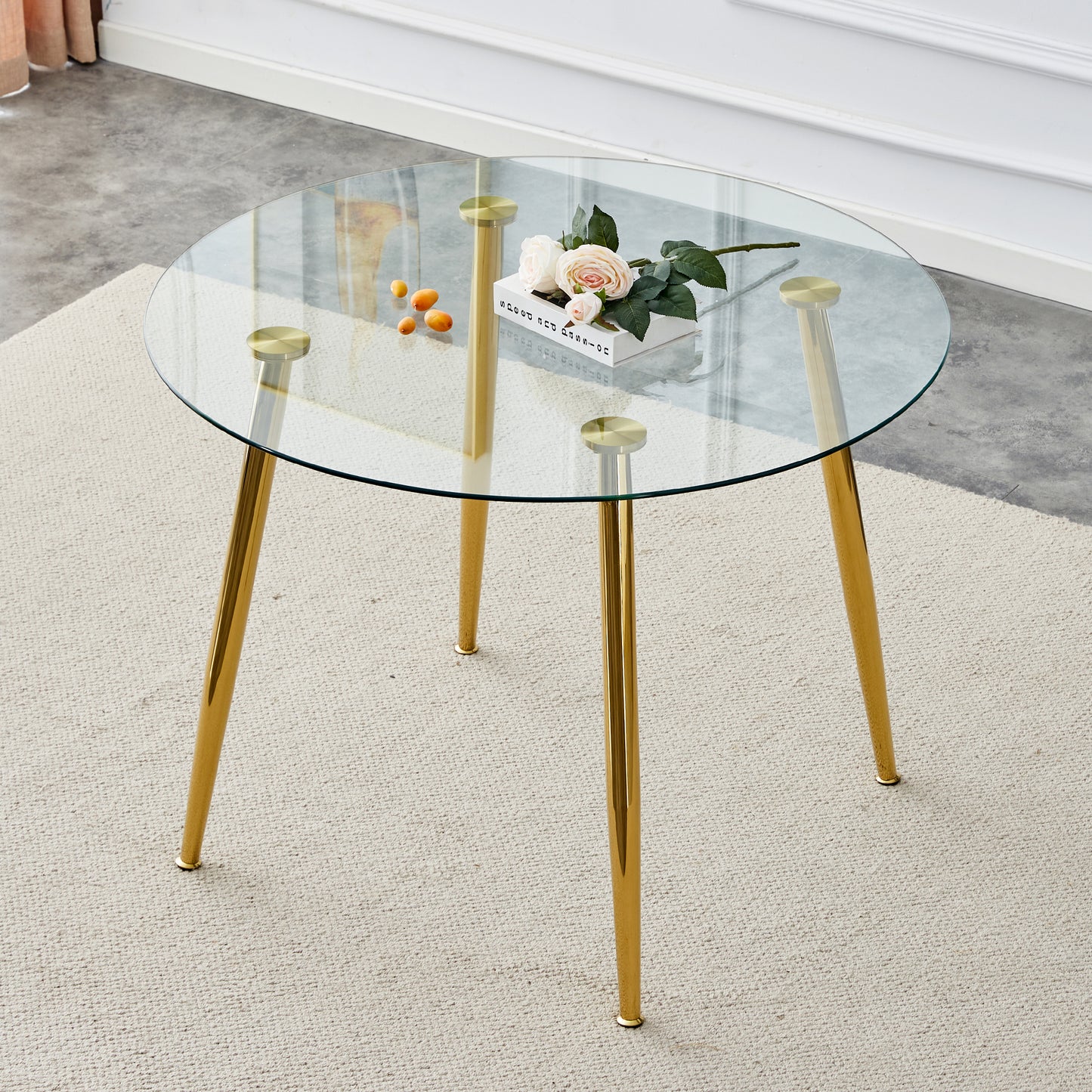 A glass tabletop with a diameter of 40 inches and a modern minimalist circular dining table with electroplated golden metal legs.Suitable for living rooms, and conference rooms.W1151S02857 image 1