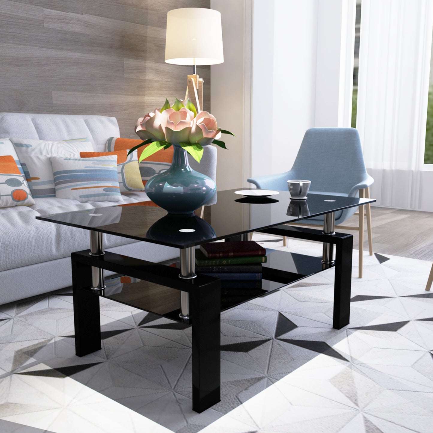 Rectangle Black Glass Coffee Table, Clear Coffee Table,Modern Side Center Tables for Living Room,Living Room Furniture (Old Sku:W24138125) image 3