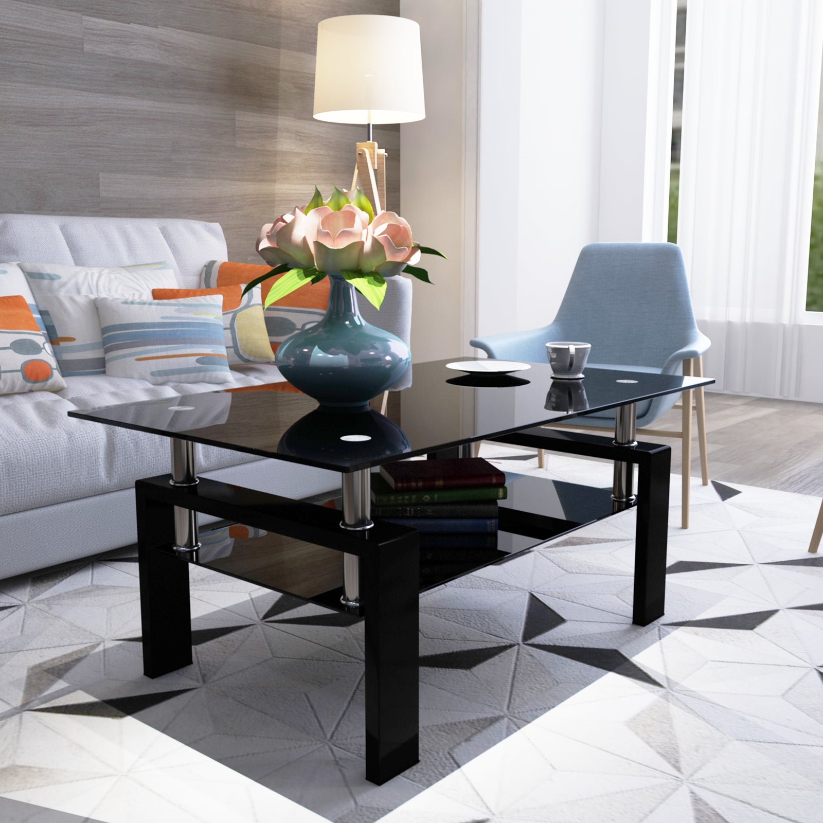 Rectangle Black Glass Coffee Table, Clear Coffee Table,Modern Side Center Tables for Living Room,Living Room Furniture (Old Sku:W24138125) image 3