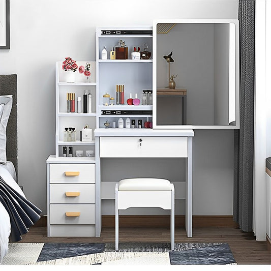 Fashion Vanity Desk with Mirror and Lights for Makeup and Chair, Vanity Mirror with Lights and Table Set with 3 Color Lighting Brightness Adjustable, 4 Drawers, White Color image 1