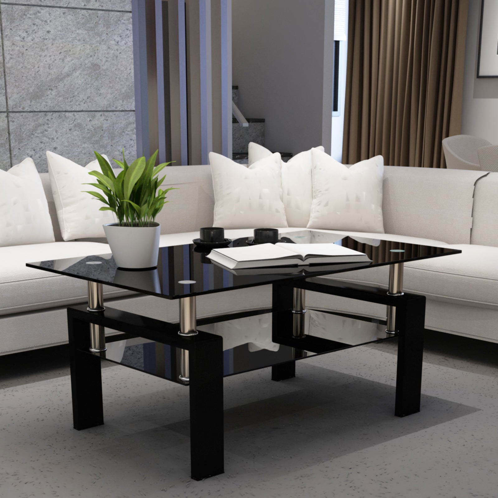 Rectangle Black Glass Coffee Table, Clear Coffee Table,Modern Side Center Tables for Living Room,Living Room Furniture (Old Sku:W24138125) image 2
