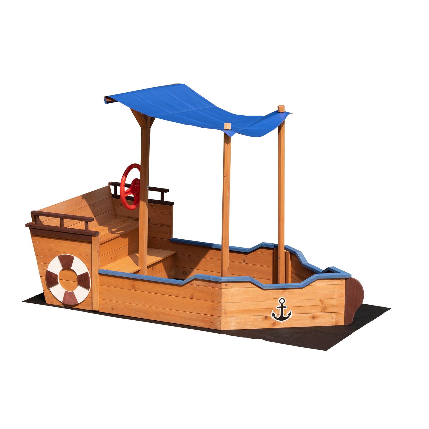 Out door sand box Pirate Ship Sandbox with Cover and Rudder, Wooden Sandbox with Storage Bench and Seat, Outdoor Toy for Kids Ages 3-8 Years Old image 3