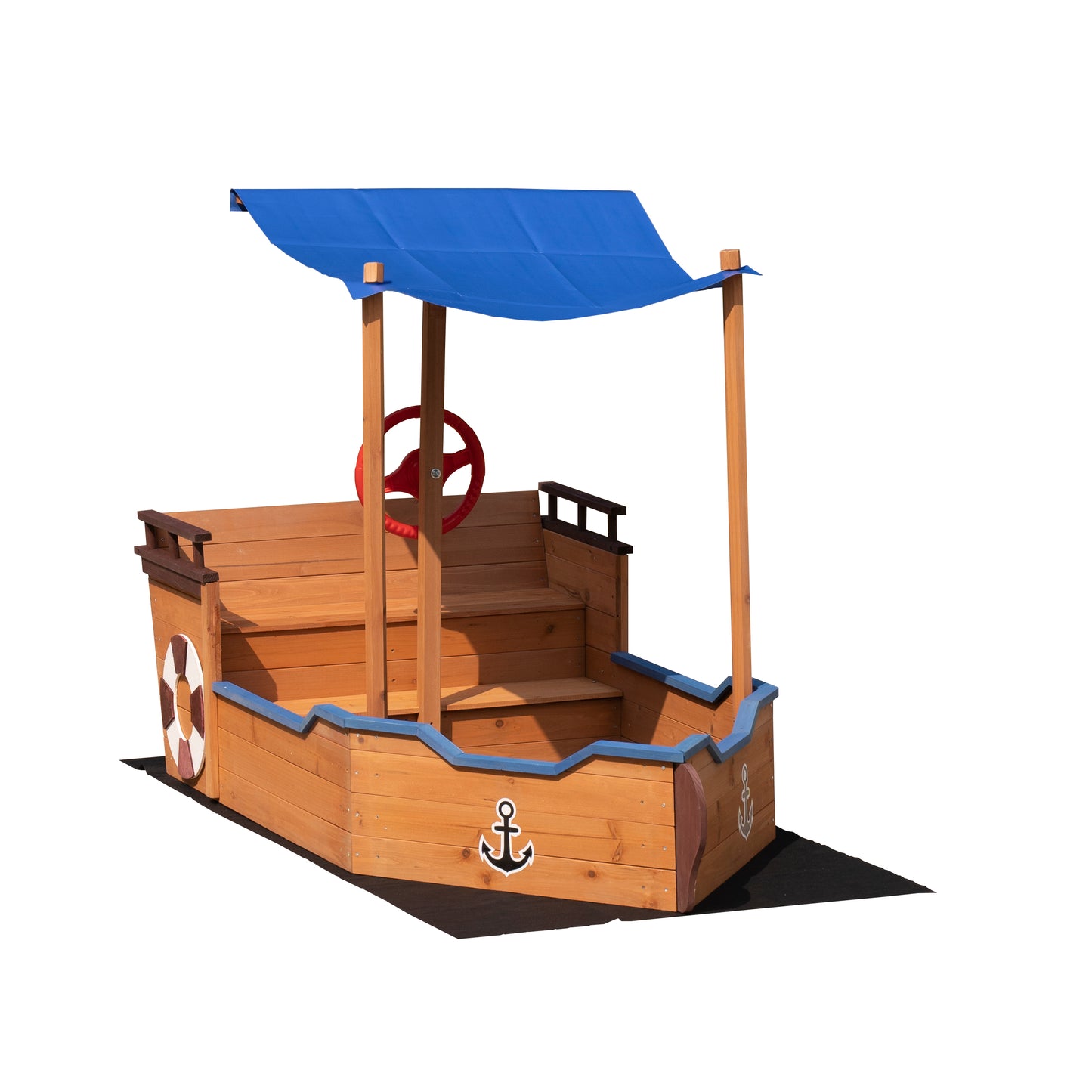 Out door sand box Pirate Ship Sandbox with Cover and Rudder, Wooden Sandbox with Storage Bench and Seat, Outdoor Toy for Kids Ages 3-8 Years Old image 6