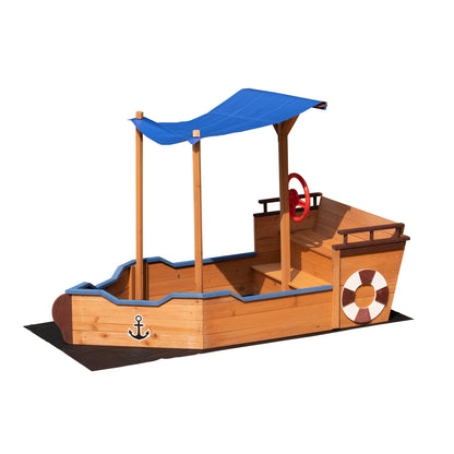 Out door sand box Pirate Ship Sandbox with Cover and Rudder, Wooden Sandbox with Storage Bench and Seat, Outdoor Toy for Kids Ages 3-8 Years Old image 4
