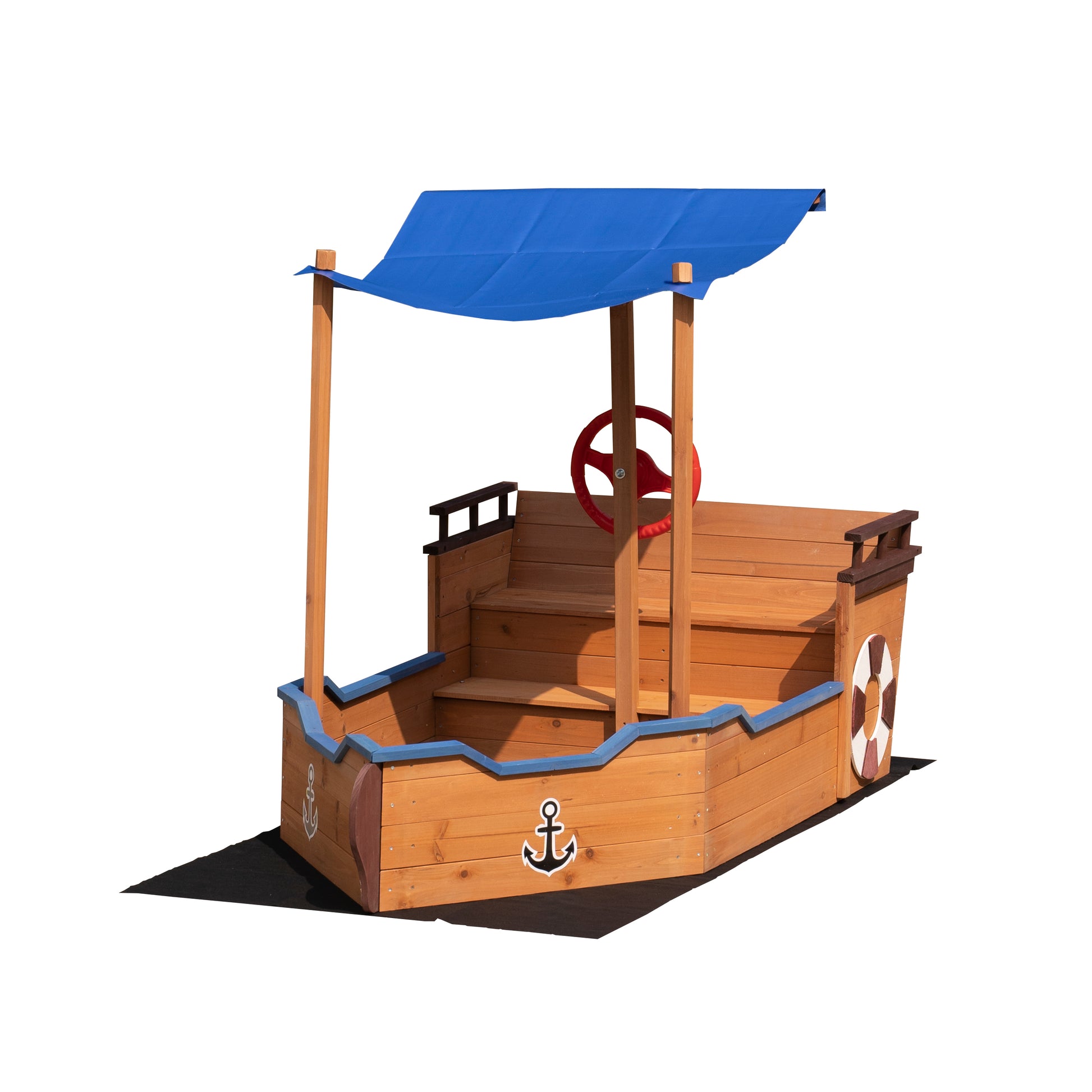 Out door sand box Pirate Ship Sandbox with Cover and Rudder, Wooden Sandbox with Storage Bench and Seat, Outdoor Toy for Kids Ages 3-8 Years Old image 5