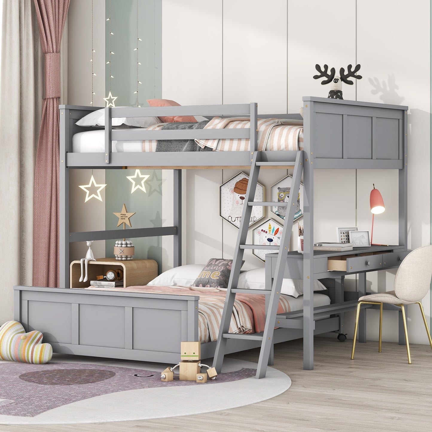 Full Over Full Bunk Bed with Desk, Gray(OLD SKU:LT001006AAE) image 1
