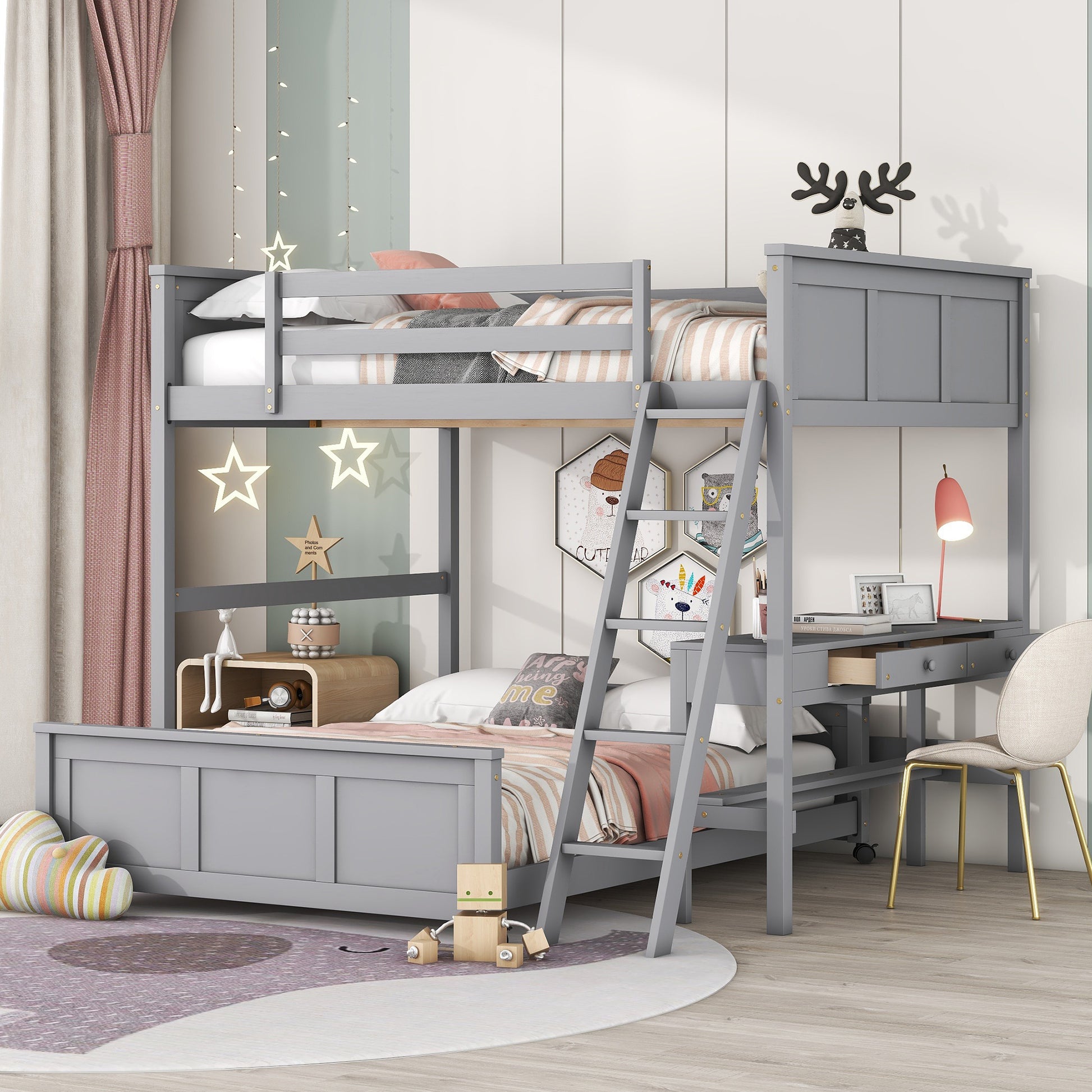Full Over Full Bunk Bed with Desk, Gray(OLD SKU:LT001006AAE) image 1