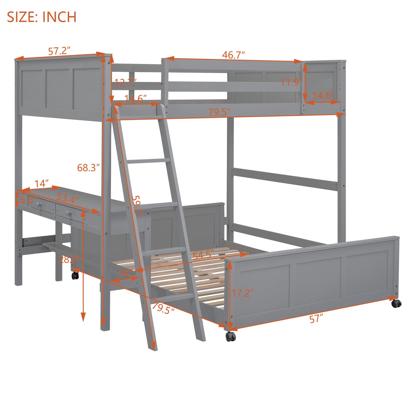 Full Over Full Bunk Bed with Desk, Gray(OLD SKU:LT001006AAE) image 6