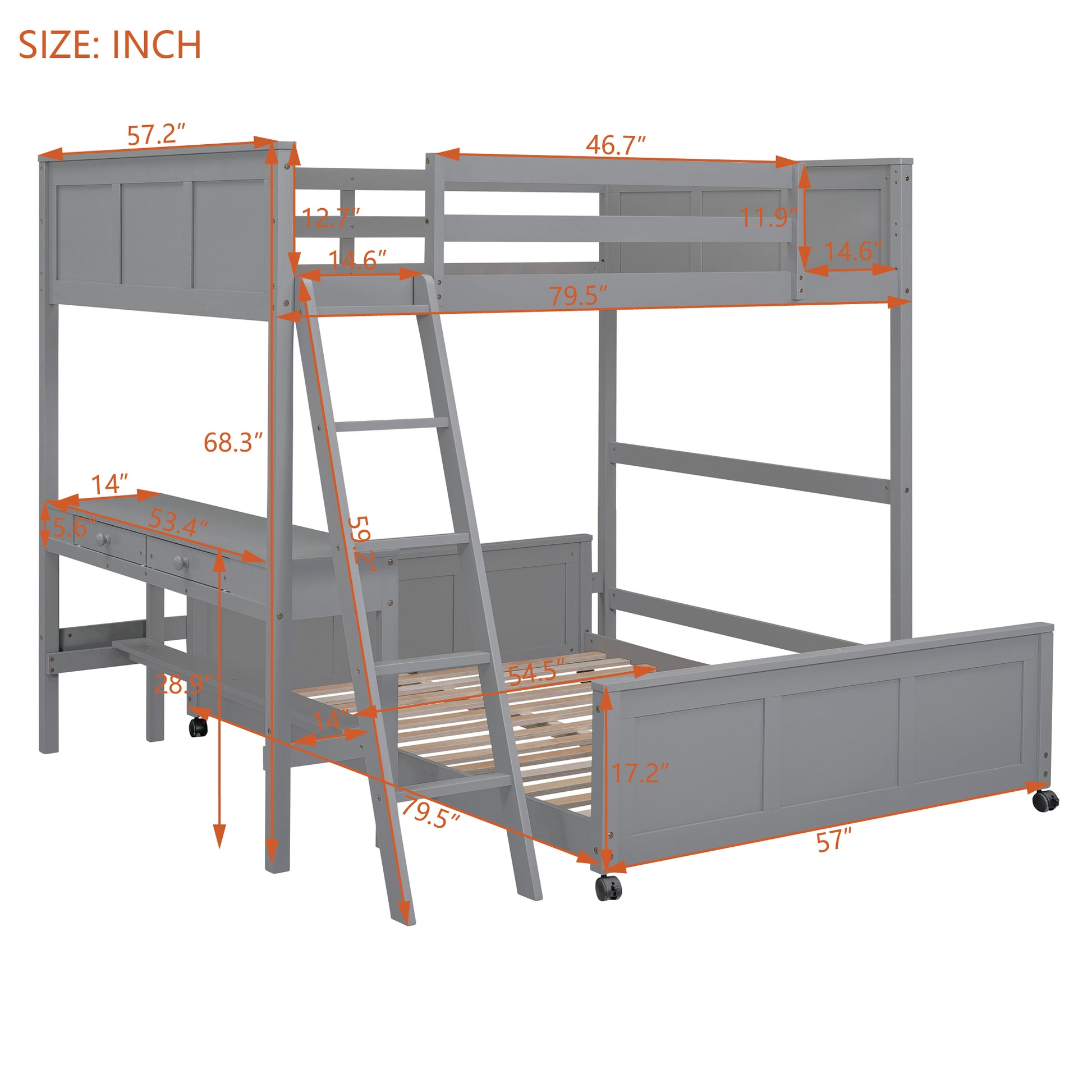Full Over Full Bunk Bed with Desk, Gray(OLD SKU:LT001006AAE) image 6