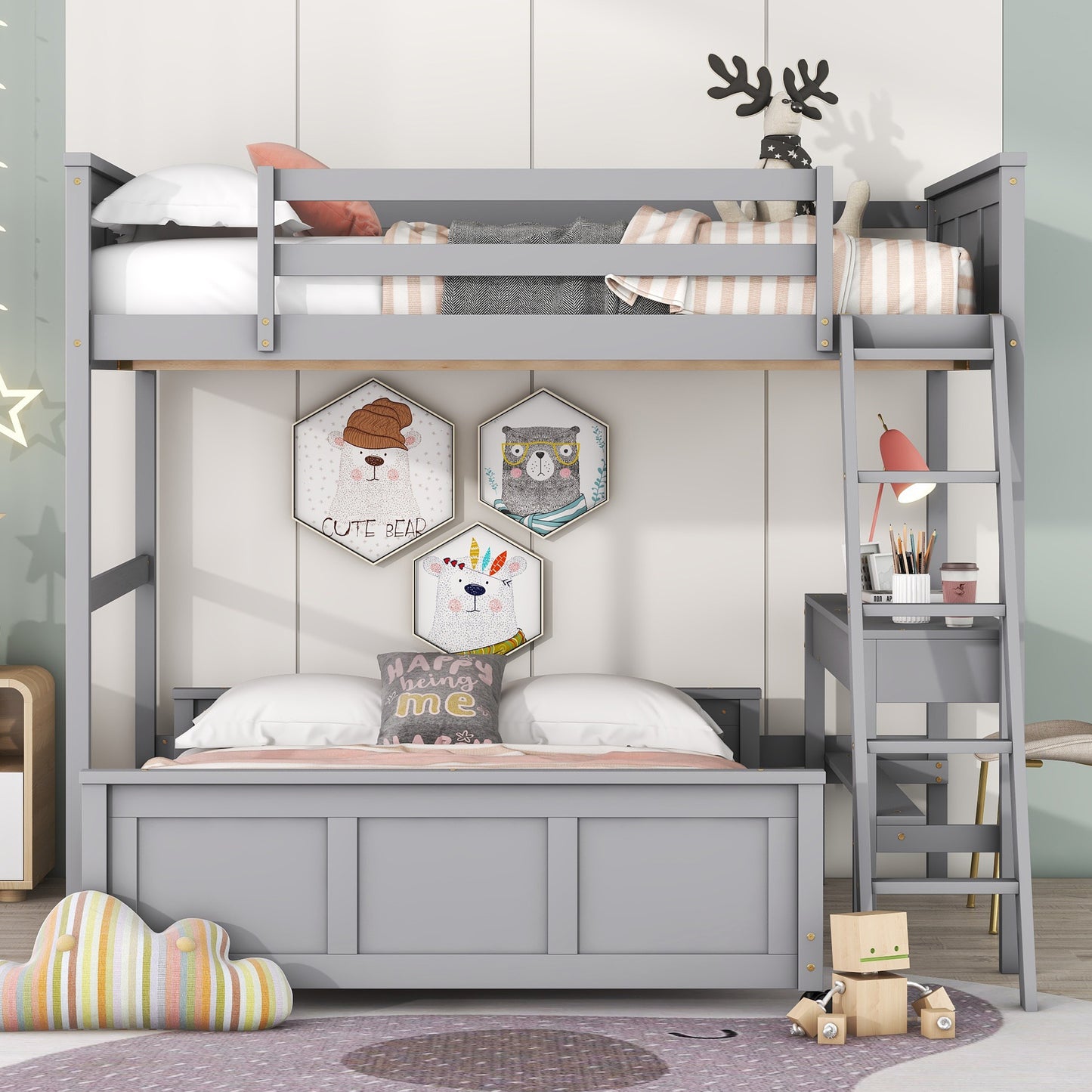 Full Over Full Bunk Bed with Desk, Gray(OLD SKU:LT001006AAE) image 2