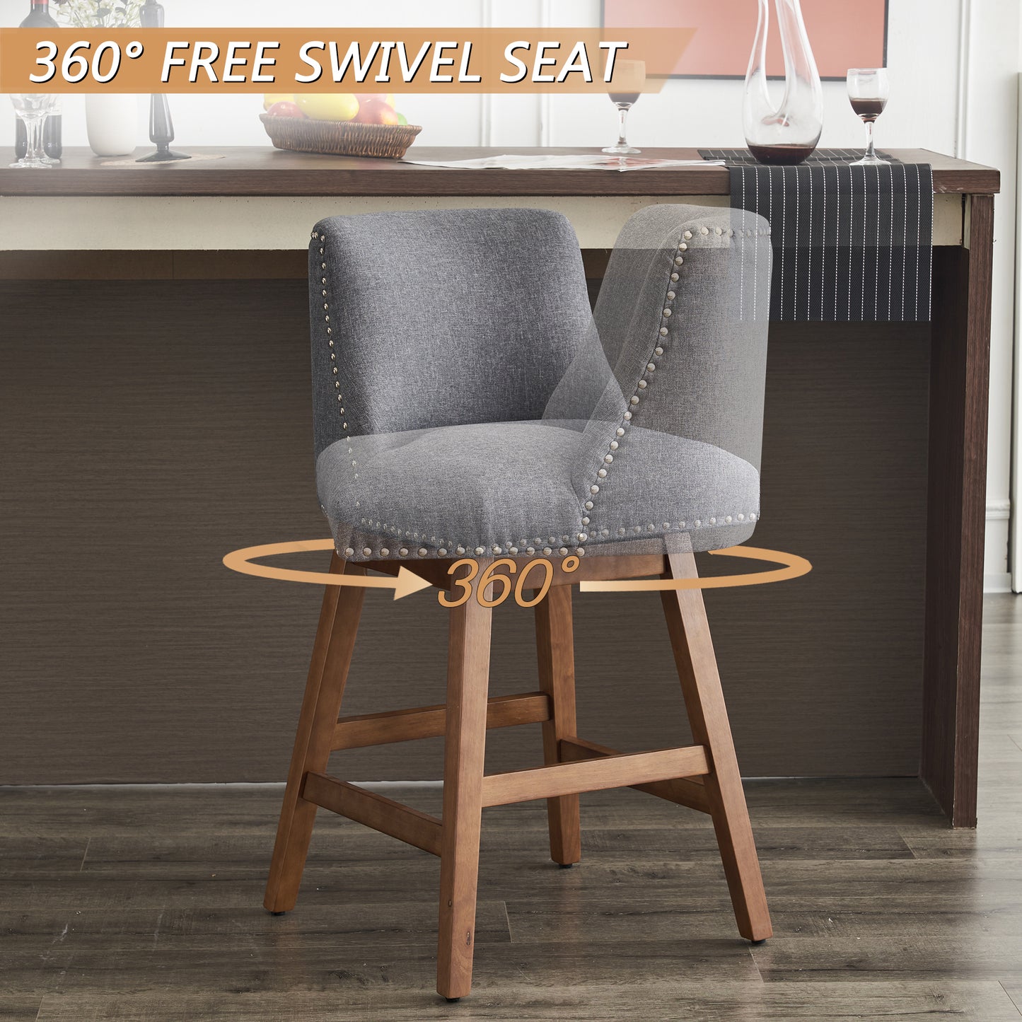 Upholstered Swivel Bar Stools Set of 2, 26" Counter Height Modern Chairs with Ergonomic Design, Wood Frame & Adjustable Foot Pad for Kitchen Island, Home Bar, Dining Room, Dark Grey image 2