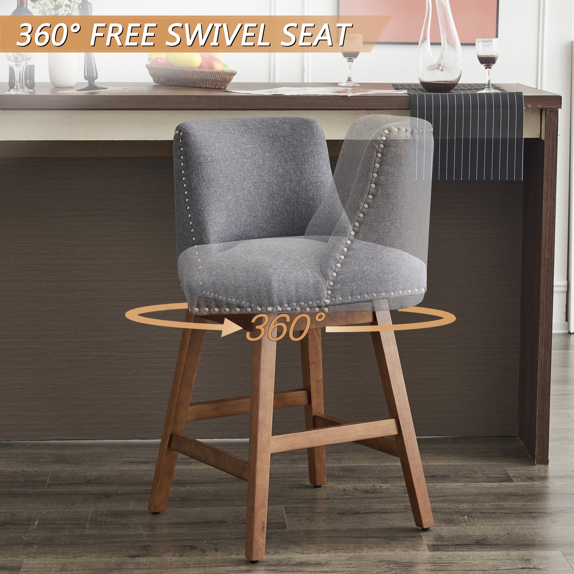 Upholstered Swivel Bar Stools Set of 2, 26" Counter Height Modern Chairs with Ergonomic Design, Wood Frame & Adjustable Foot Pad for Kitchen Island, Home Bar, Dining Room, Dark Grey image 2