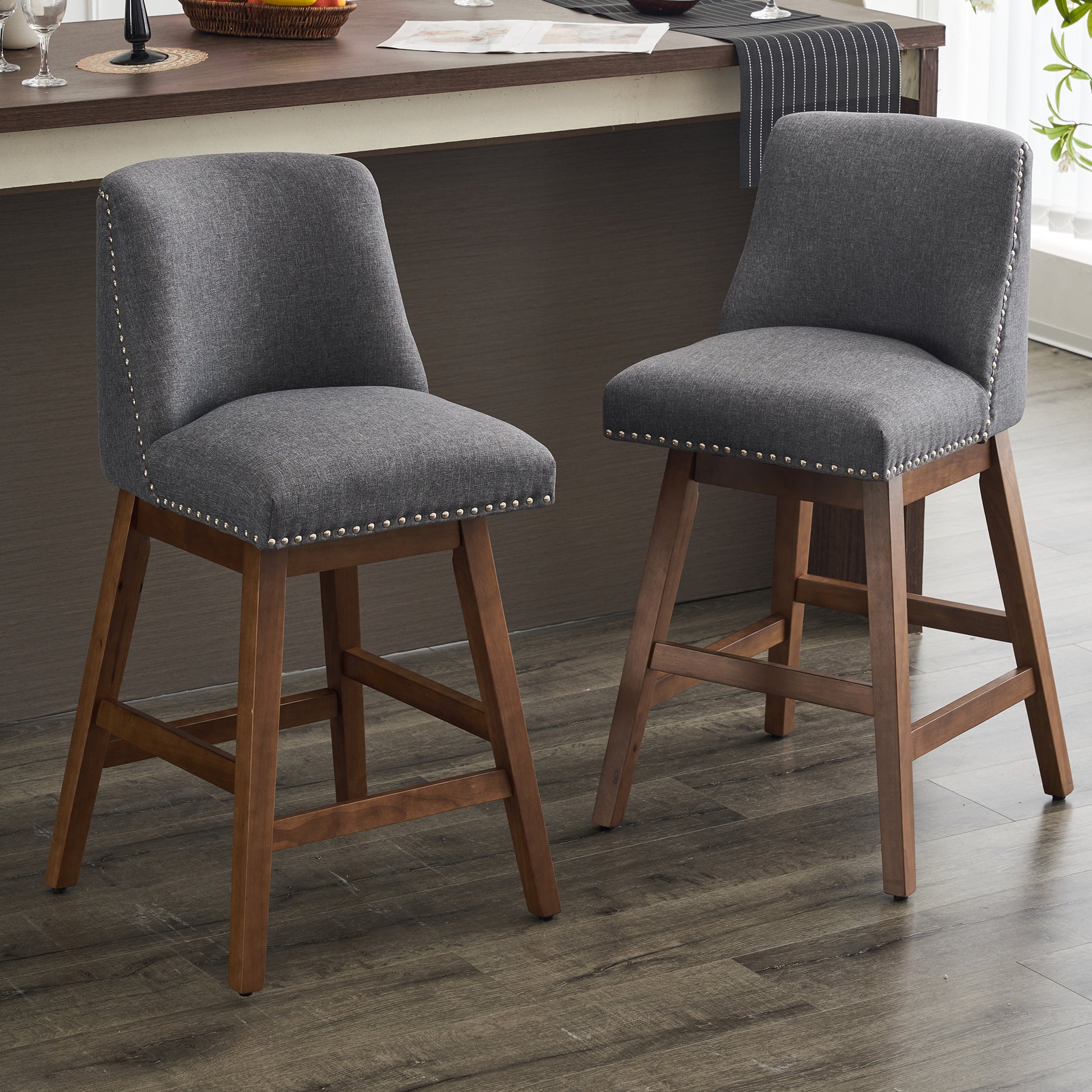 Upholstered Swivel Bar Stools Set of 2, 26" Counter Height Modern Chairs with Ergonomic Design, Wood Frame & Adjustable Foot Pad for Kitchen Island, Home Bar, Dining Room, Dark Grey image 1