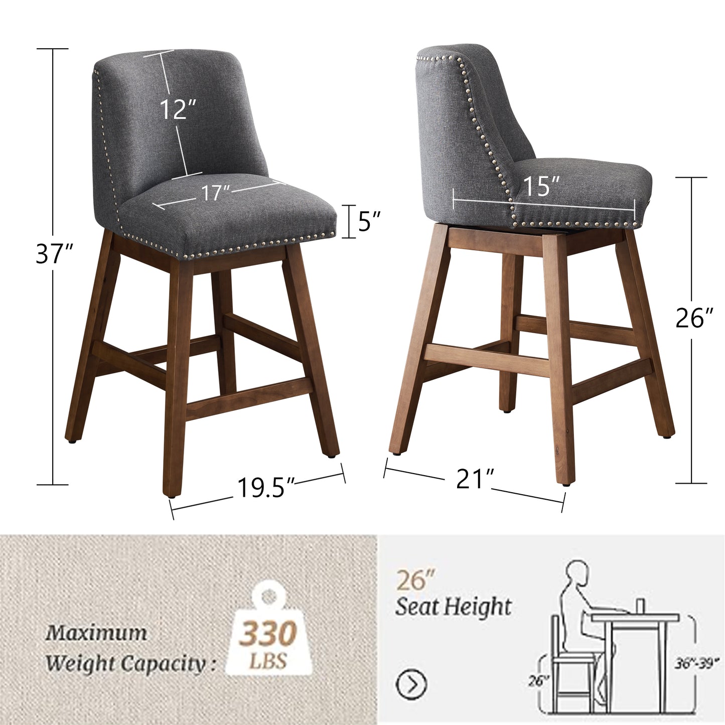 Upholstered Swivel Bar Stools Set of 2, 26" Counter Height Modern Chairs with Ergonomic Design, Wood Frame & Adjustable Foot Pad for Kitchen Island, Home Bar, Dining Room, Dark Grey image 5