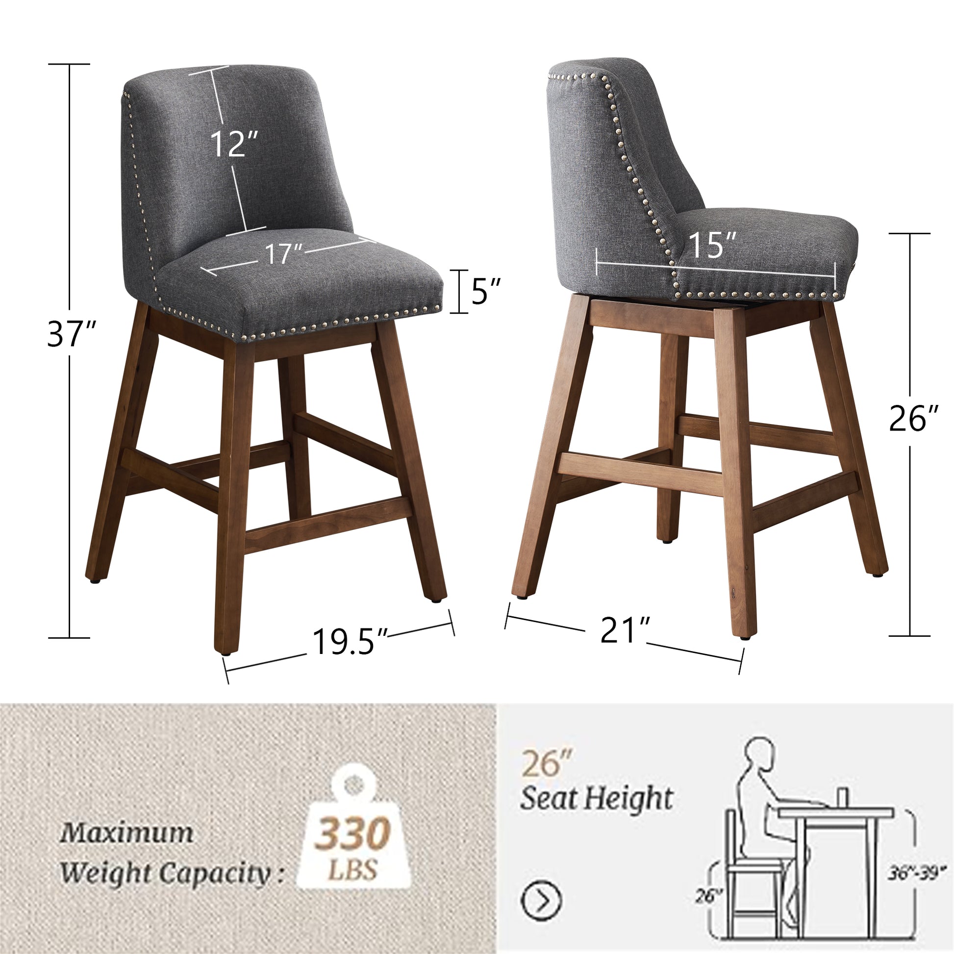 Upholstered Swivel Bar Stools Set of 2, 26" Counter Height Modern Chairs with Ergonomic Design, Wood Frame & Adjustable Foot Pad for Kitchen Island, Home Bar, Dining Room, Dark Grey image 5