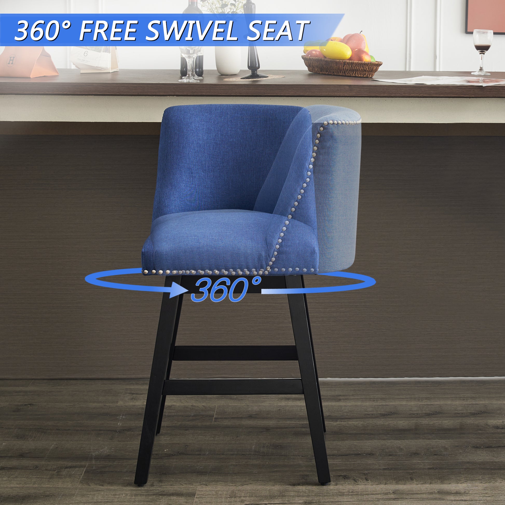 Upholstered Swivel Bar Stools Set of 2, 26" Counter Height Modern Chairs with Ergonomic Design, Wood Frame & Adjustable Foot Pad for Kitchen Island, Home Bar, Dining Room, Dark Blue image 2