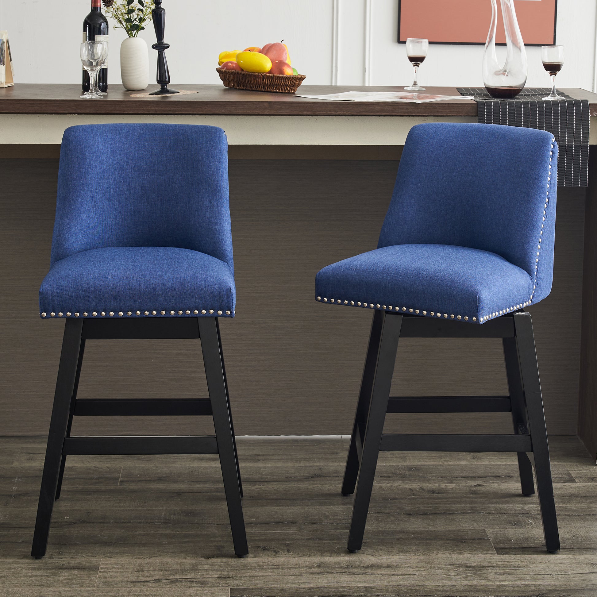 Upholstered Swivel Bar Stools Set of 2, 26" Counter Height Modern Chairs with Ergonomic Design, Wood Frame & Adjustable Foot Pad for Kitchen Island, Home Bar, Dining Room, Dark Blue image 1