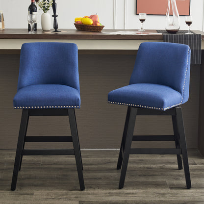 Upholstered Swivel Bar Stools Set of 2, 26" Counter Height Modern Chairs with Ergonomic Design, Wood Frame & Adjustable Foot Pad for Kitchen Island, Home Bar, Dining Room, Dark Blue image 1