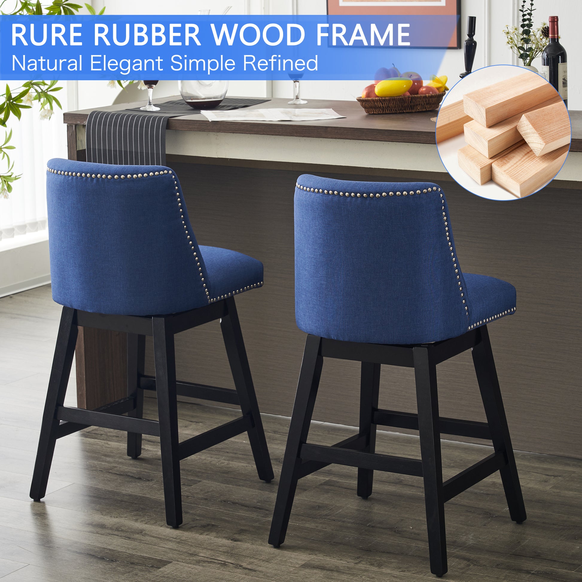 Upholstered Swivel Bar Stools Set of 2, 26" Counter Height Modern Chairs with Ergonomic Design, Wood Frame & Adjustable Foot Pad for Kitchen Island, Home Bar, Dining Room, Dark Blue image 4