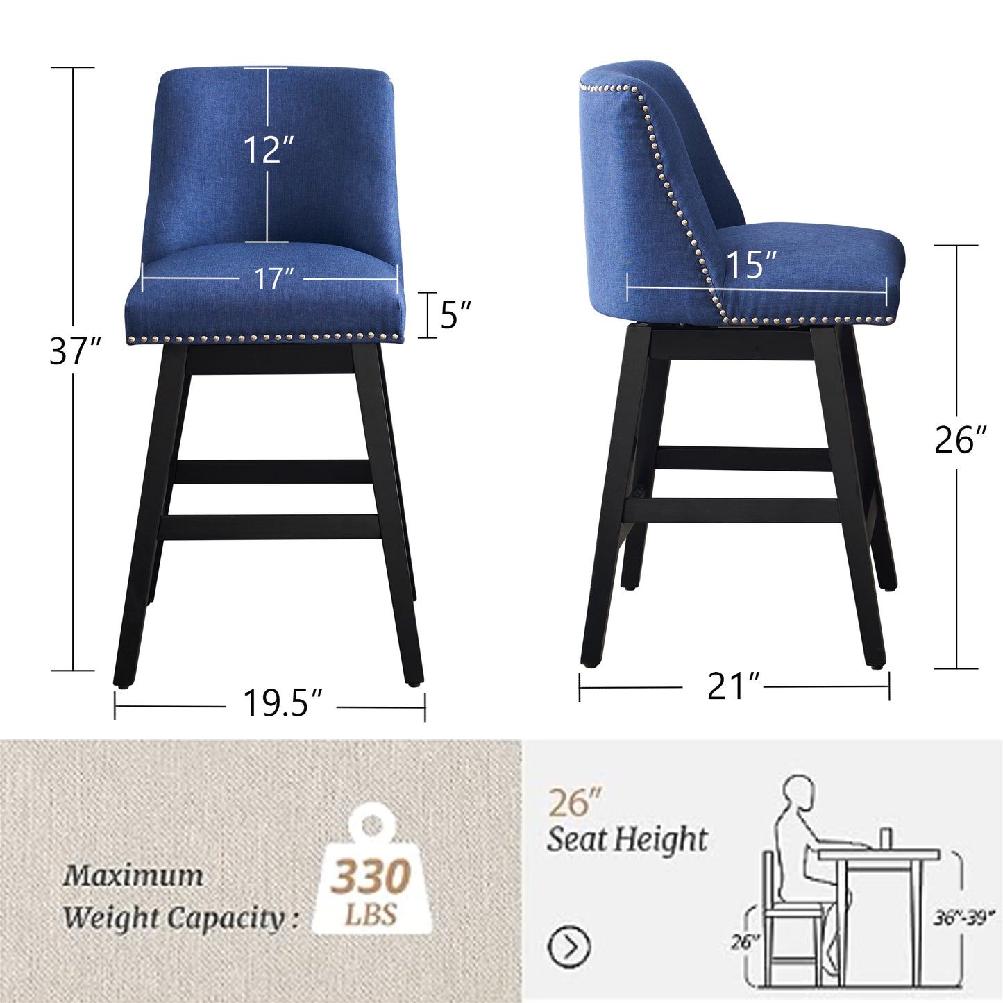 Upholstered Swivel Bar Stools Set of 2, 26" Counter Height Modern Chairs with Ergonomic Design, Wood Frame & Adjustable Foot Pad for Kitchen Island, Home Bar, Dining Room, Dark Blue image 5