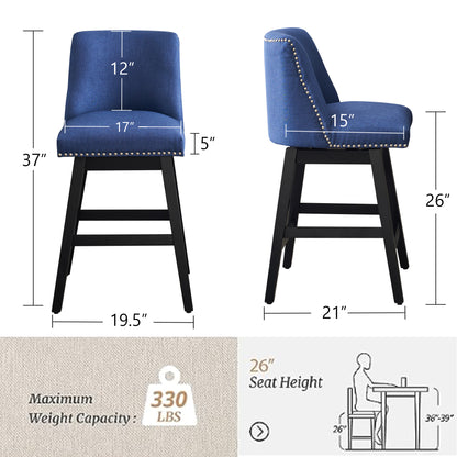 Upholstered Swivel Bar Stools Set of 2, 26" Counter Height Modern Chairs with Ergonomic Design, Wood Frame & Adjustable Foot Pad for Kitchen Island, Home Bar, Dining Room, Dark Blue image 5