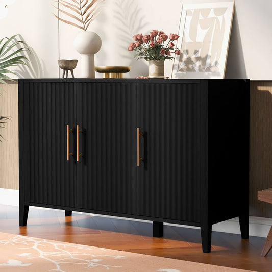 U-Style Wavy 3-Door Sideboard with Solid Pine Legs, Painted Finish Storage Cabinet with American Style for Living Room, Entryway, Kitchen, and Home Office. image 1