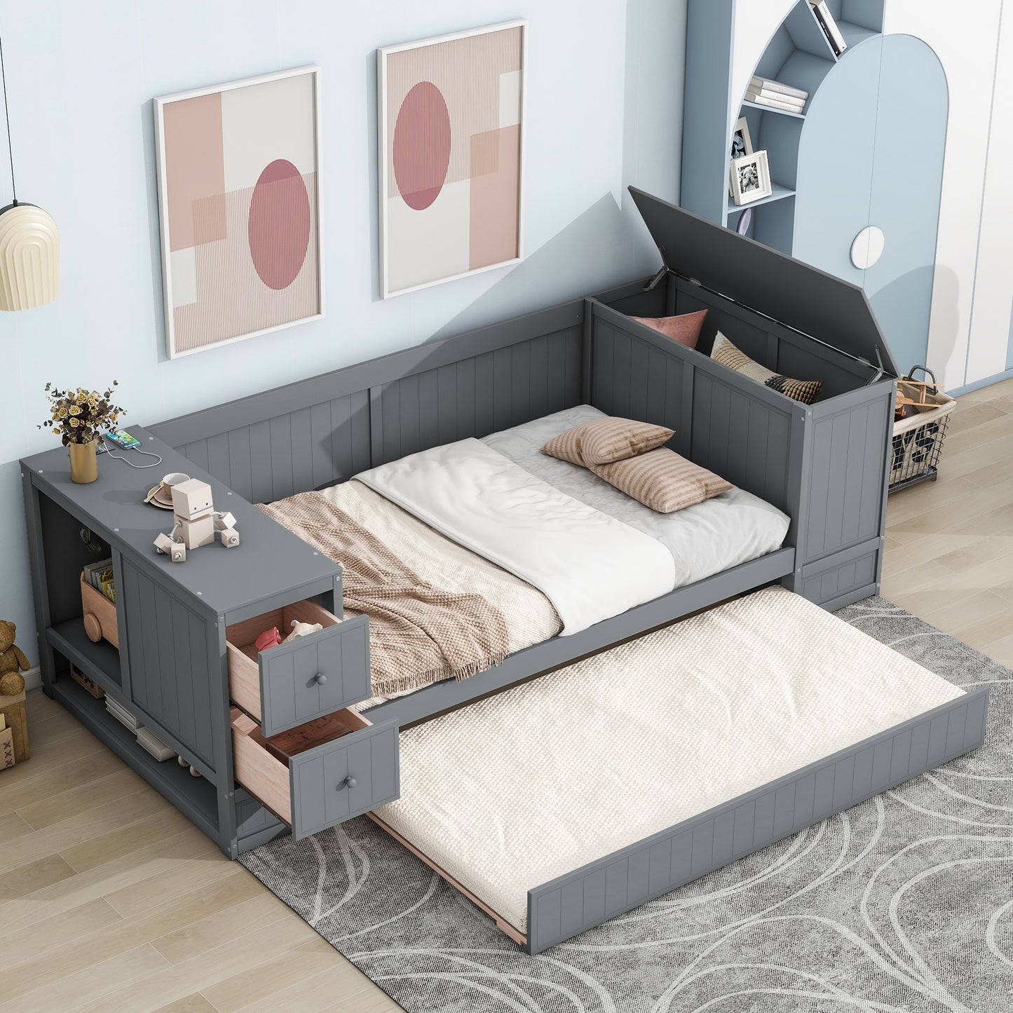 Twin Size Daybed with Storage Arms, Trundle and Charging Station, Gray image 3