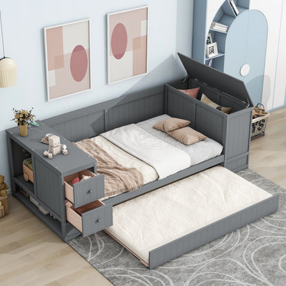 Twin Size Daybed with Storage Arms, Trundle and Charging Station, Gray image 3