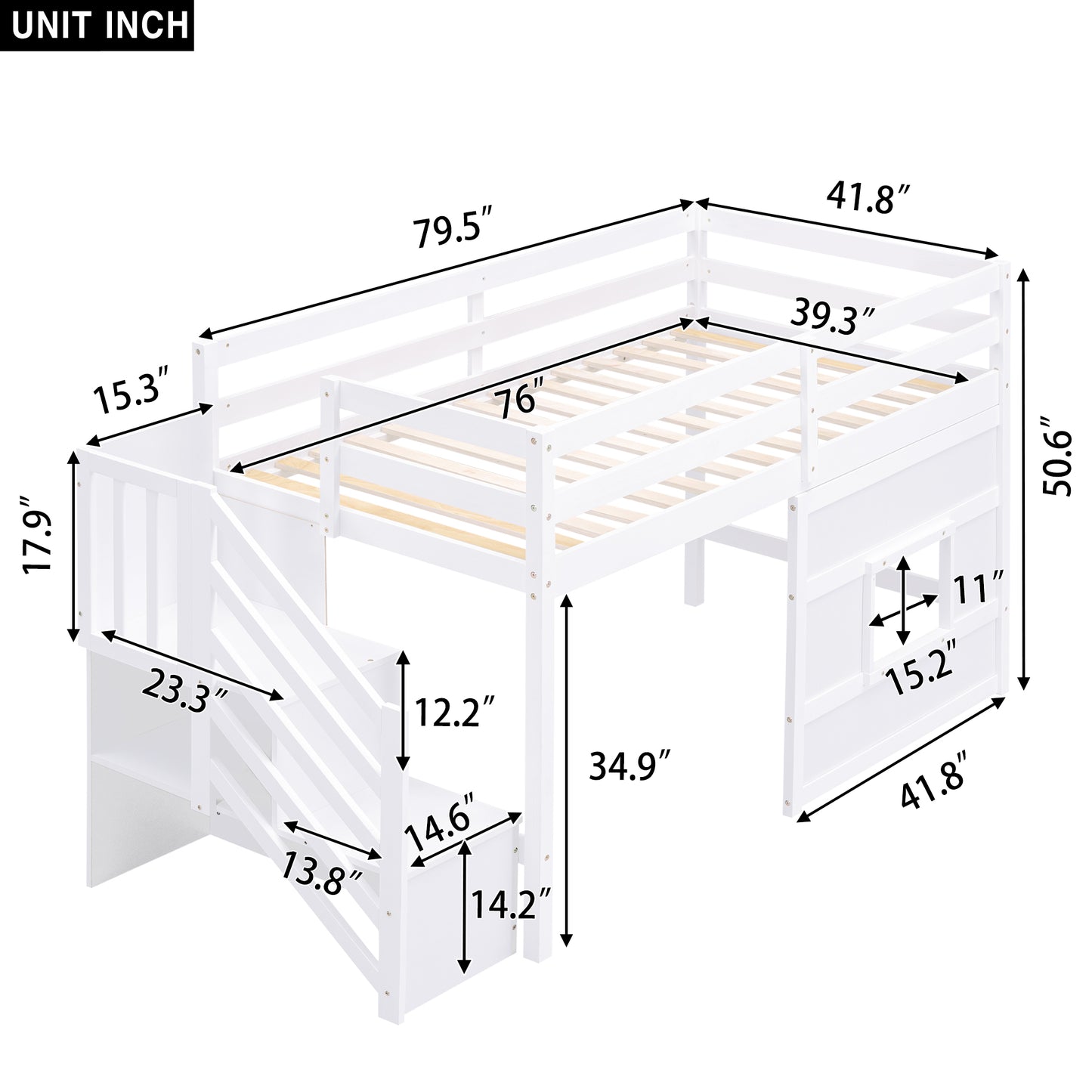 Twin Size Loft Bed with Storage Staircase and Window, With LED Light, White image 10