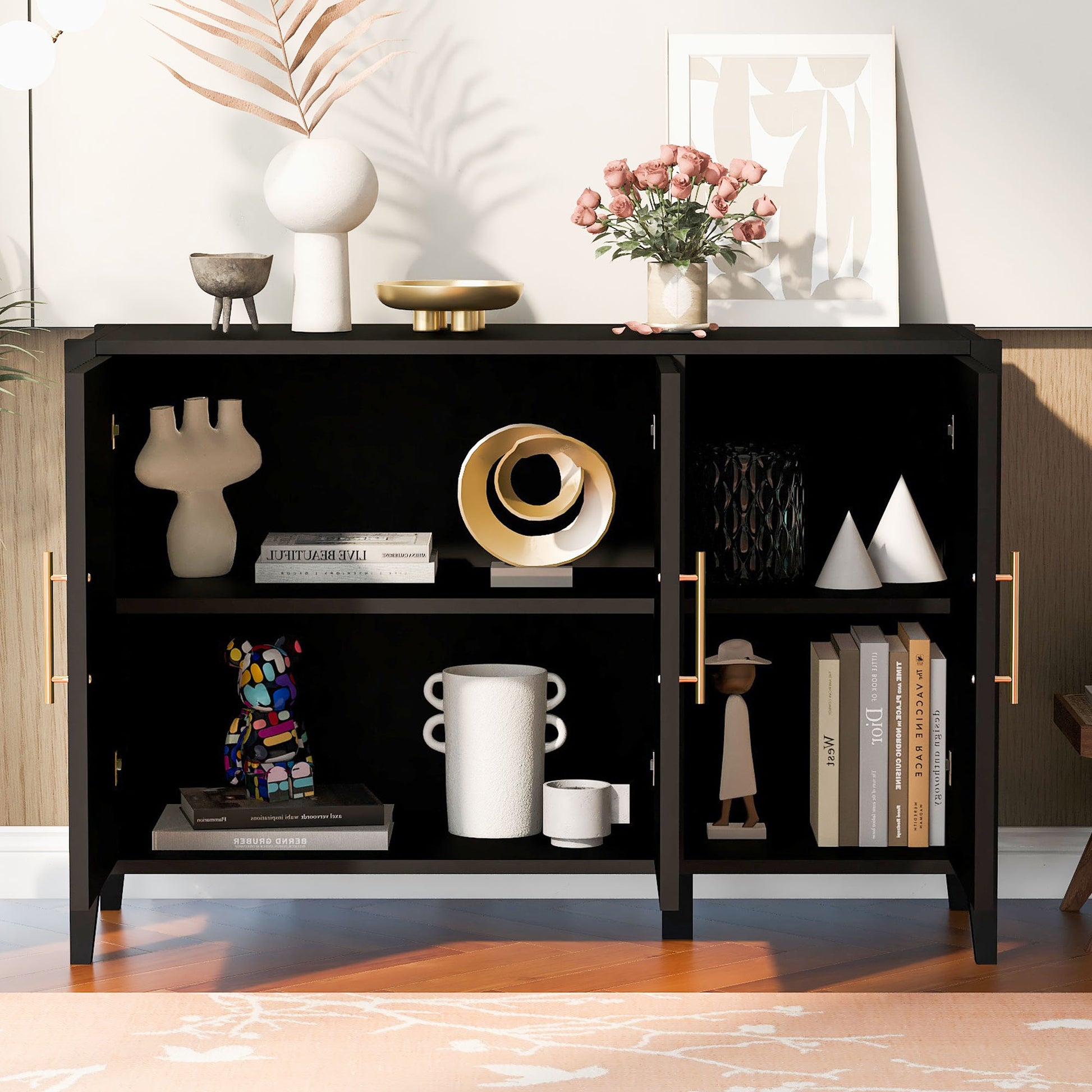 U-Style Wavy 3-Door Sideboard with Solid Pine Legs, Painted Finish Storage Cabinet with American Style for Living Room, Entryway, Kitchen, and Home Office. image 2