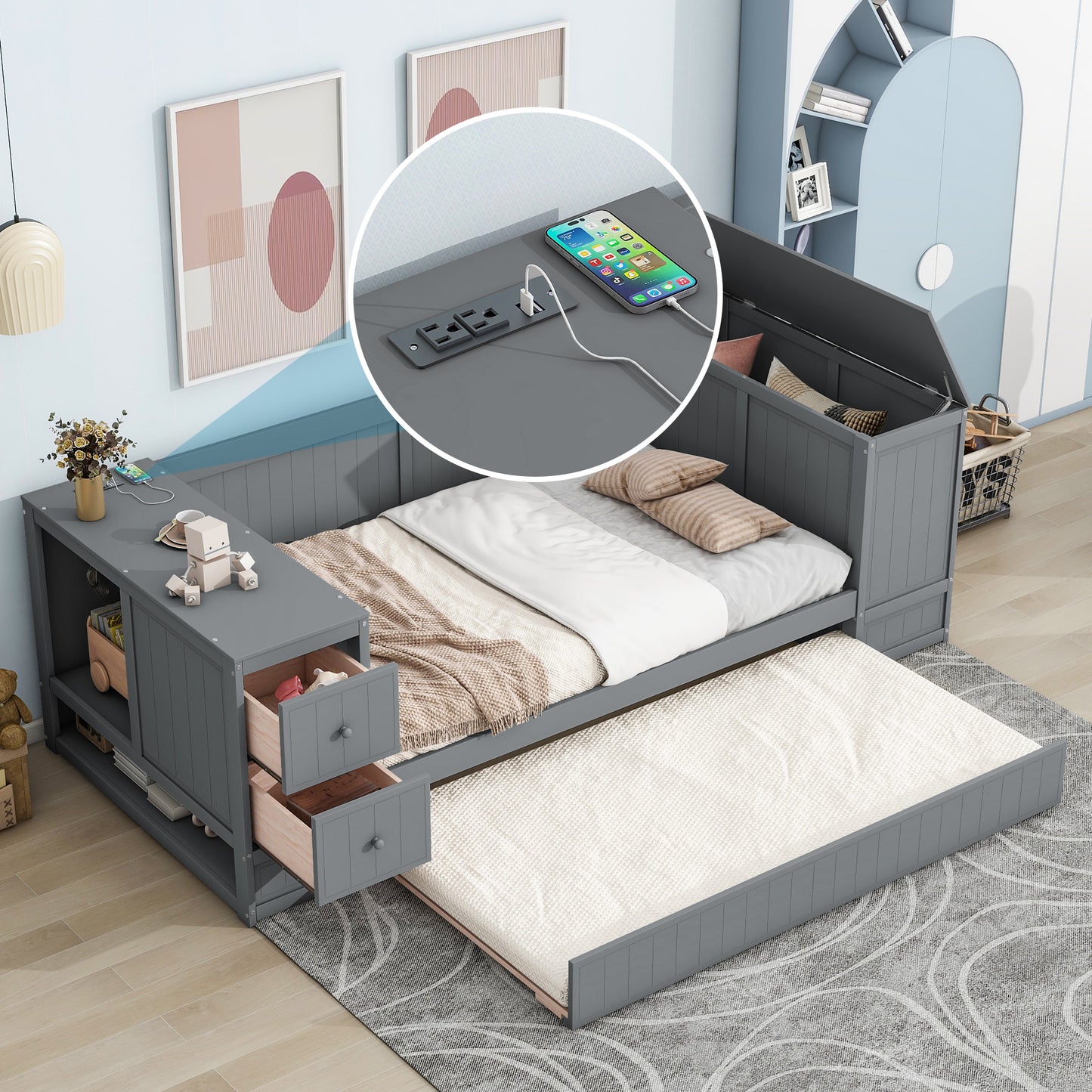 Twin Size Daybed with Storage Arms, Trundle and Charging Station, Gray image 1