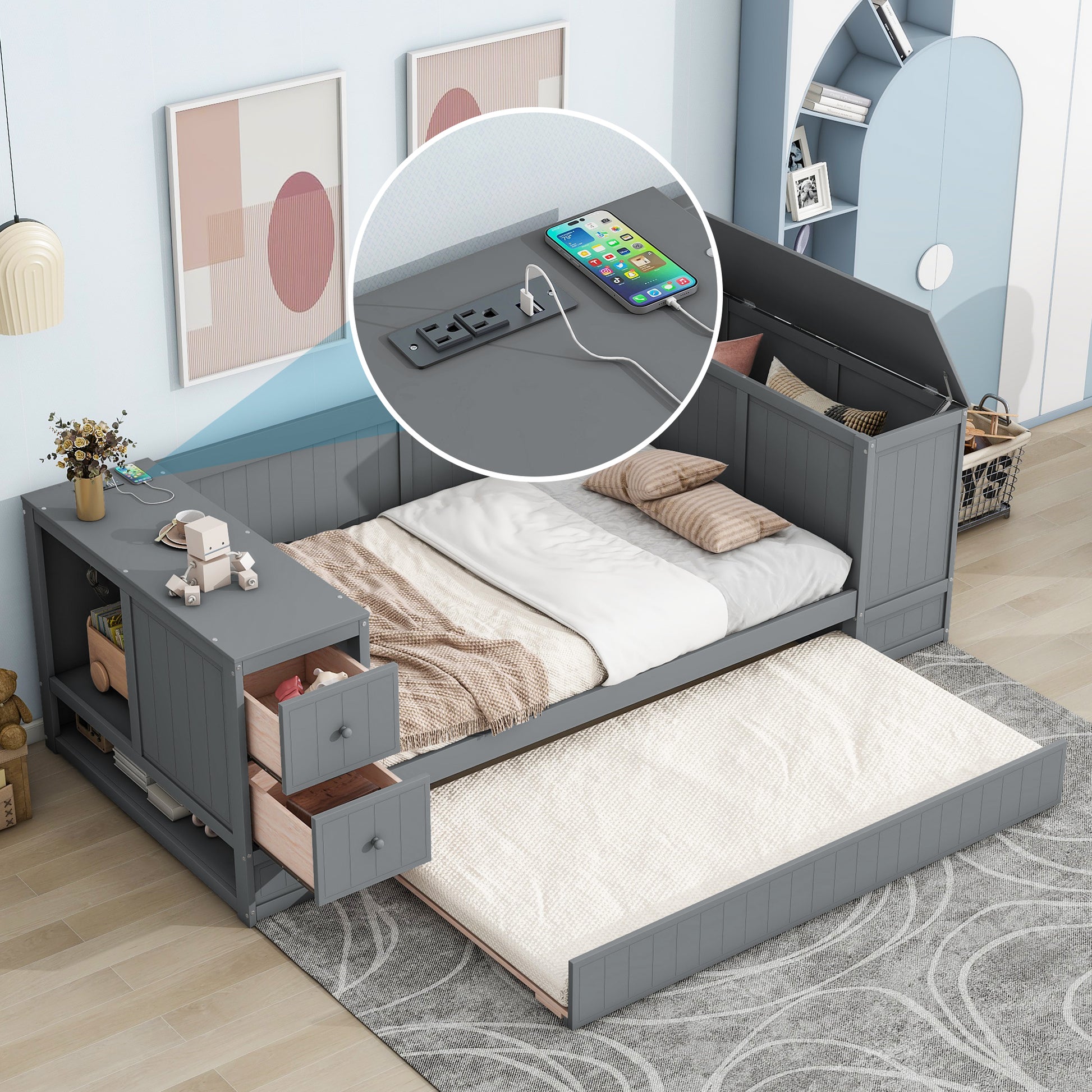 Twin Size Daybed with Storage Arms, Trundle and Charging Station, Gray image 1
