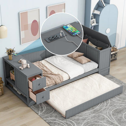 Twin Size Daybed with Storage Arms, Trundle and Charging Station, Gray image 1