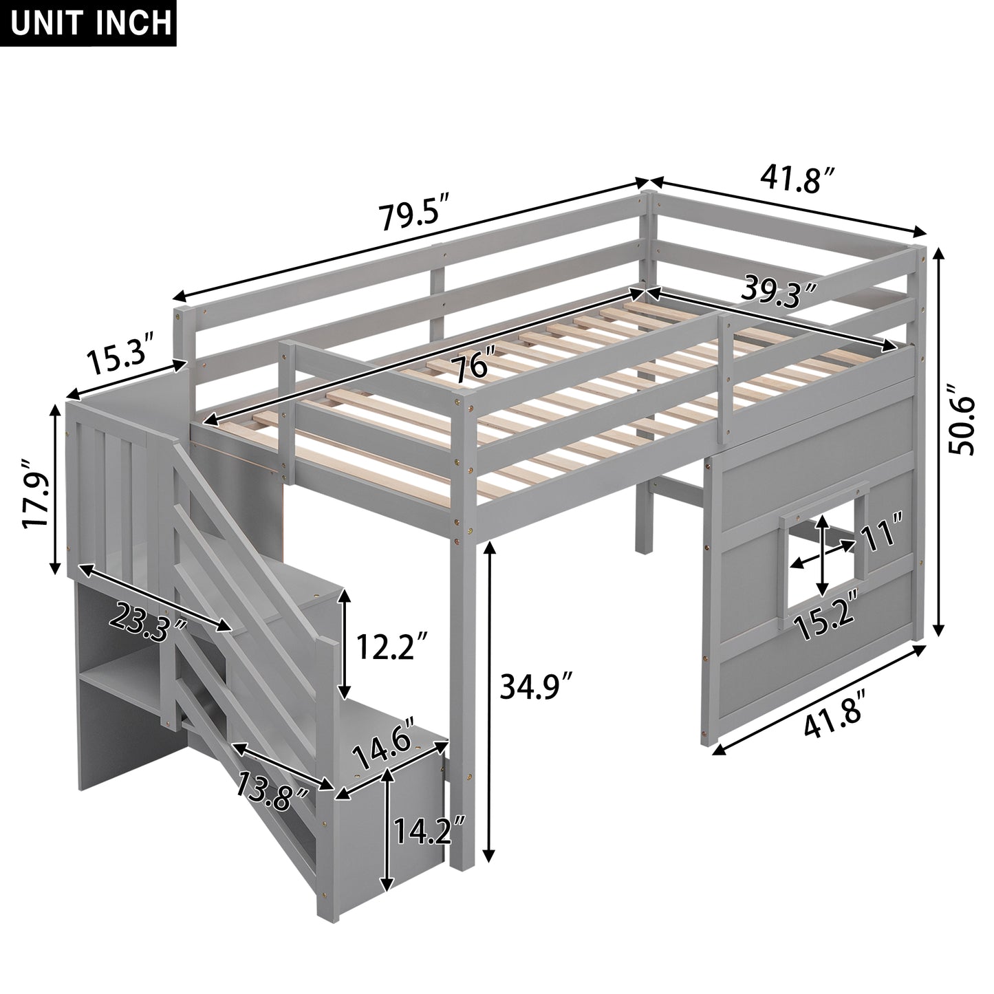 Twin Size Loft Bed with Storage Staircase and Window, With LED Light, Gray image 10