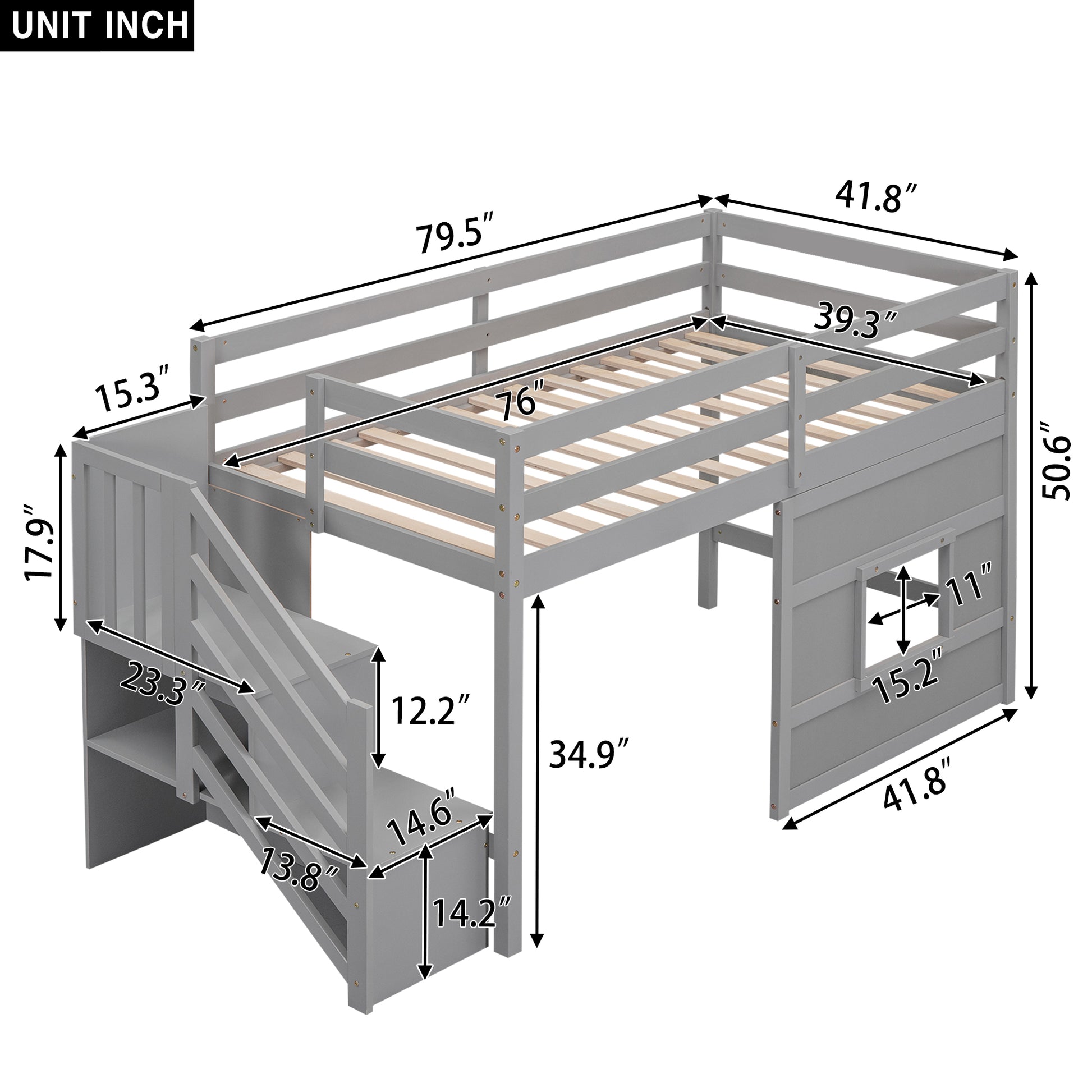 Twin Size Loft Bed with Storage Staircase and Window, With LED Light, Gray image 10
