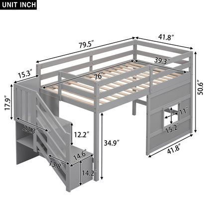 Twin Size Loft Bed with Storage Staircase and Window, With LED Light, Gray image 10