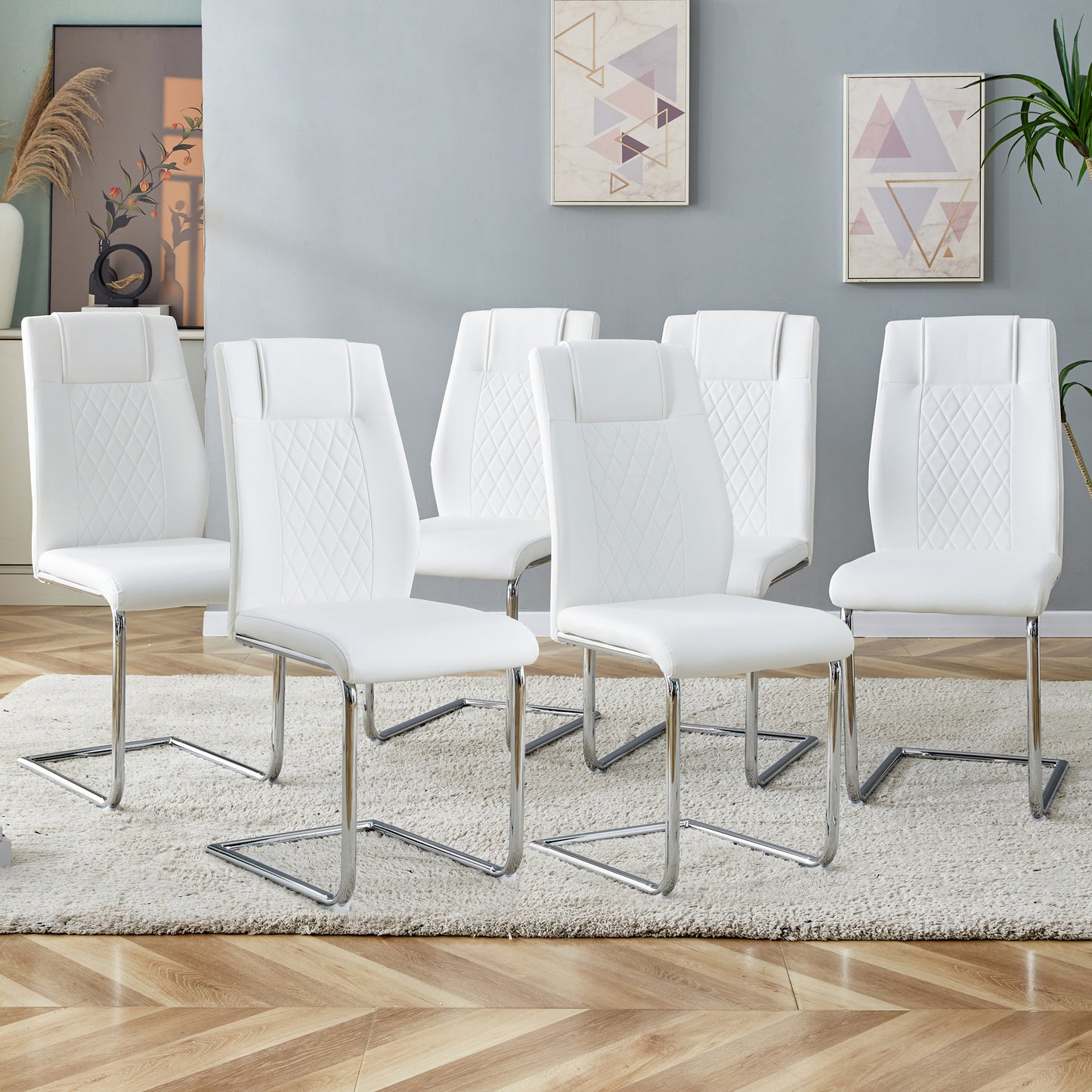 Modern Dining Chairs with Faux Leather Padded Seat Dining Living Room Chairs Upholstered Chair with Metal Legs Design for Kitchen, Living, Bedroom, Dining Room Side Chairs Set of 6 (White+PU)C-001 image 1