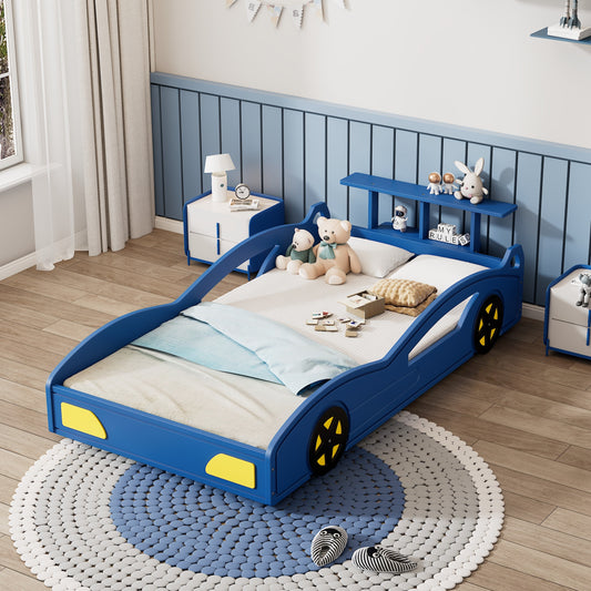 Wooden Race Car Bed,Car-Shaped Platform Twin Bed with Wheels For Teens,Blue & Yellow (Old SKU: WF310553AAC) image 1