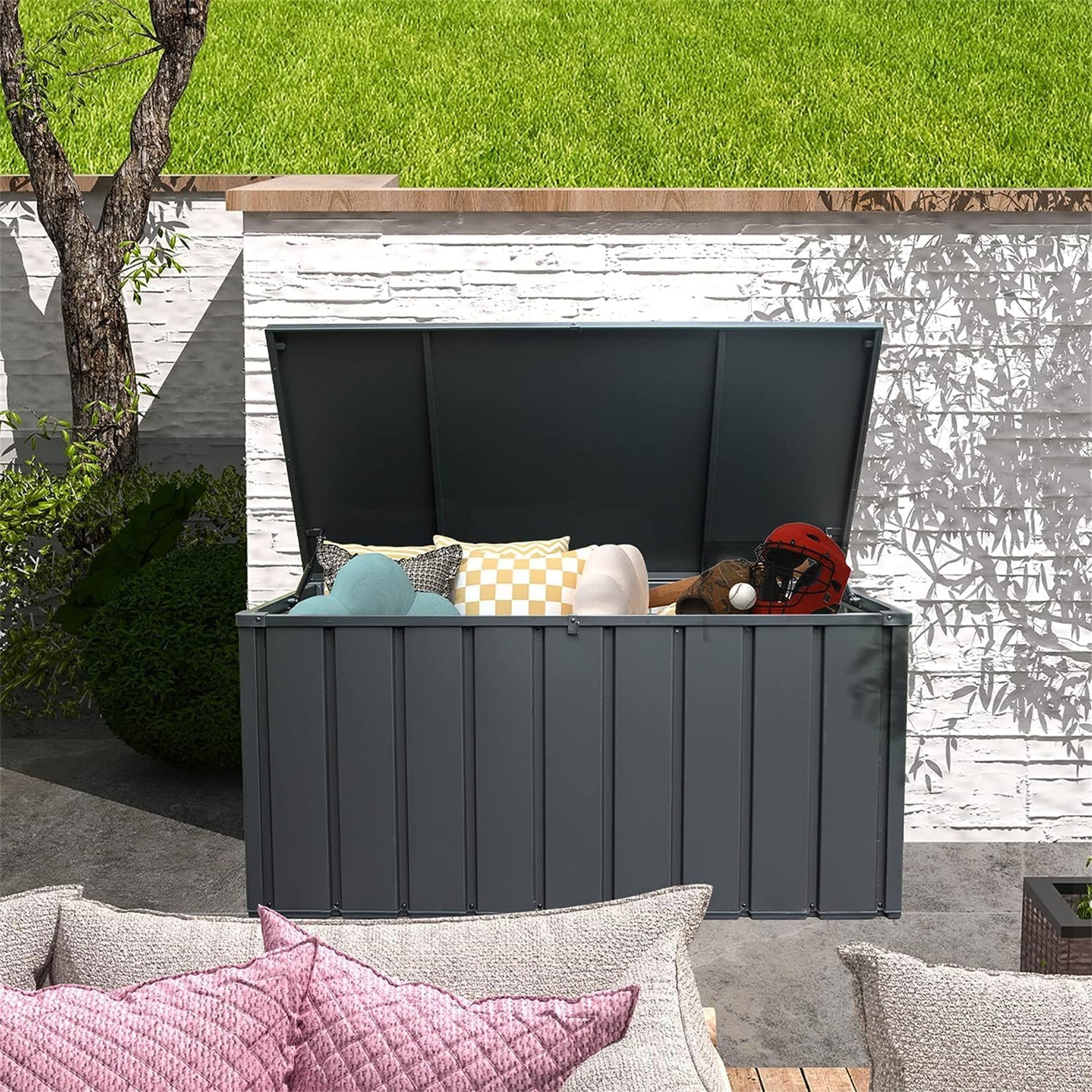 100 Gallon Outdoor Storage Deck Box Waterproof, Large Patio Storage Bin for Outside Cushions, Throw Pillows, Garden Tools, Lockable (Dark Gray) image 8