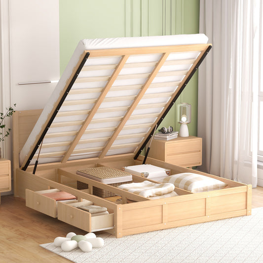 Queen Size Wood Platform Bed with Underneath Storage and 2 Drawers, Wood Color image 1
