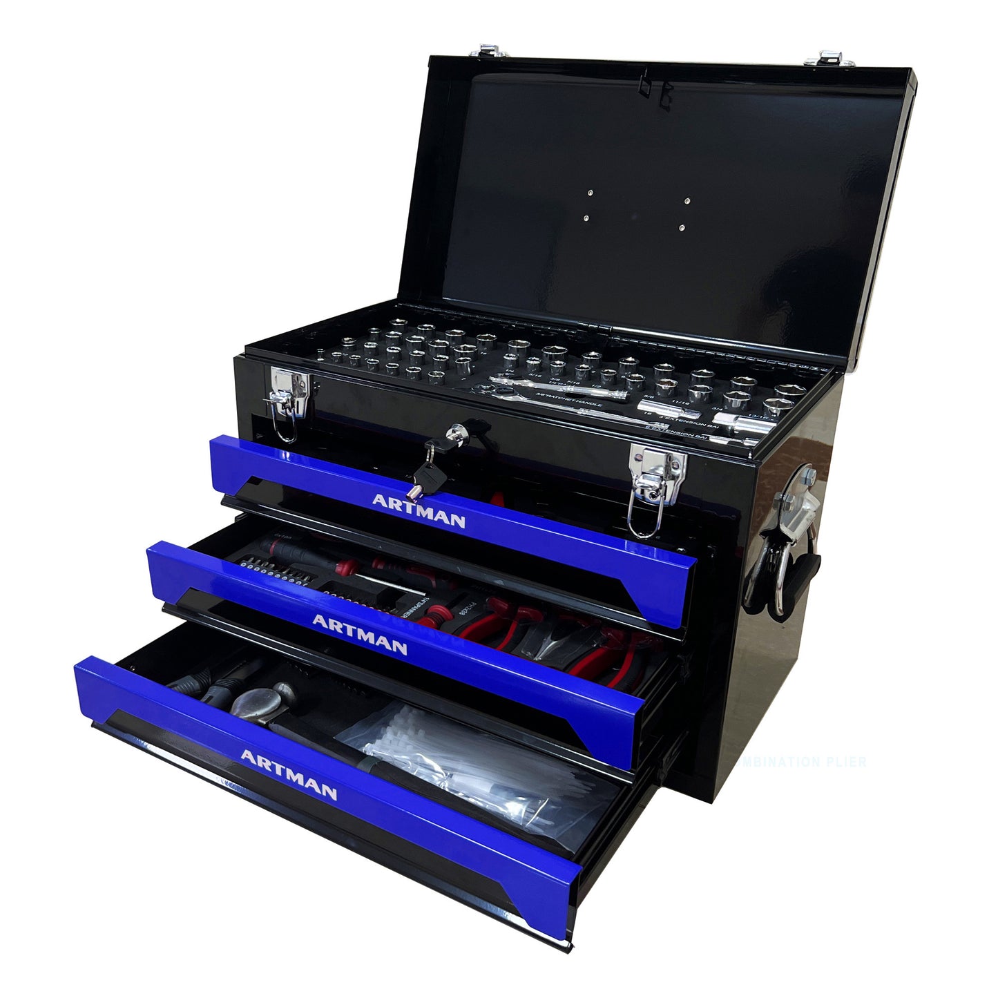 20'' Portable 3-Drawer Steel Toolbox, 4 Layers of Tools with Metal Latches, with Top Storage Tray and carrying Handle, Multi-Function Tool Storage for Garage, Home, or Workbench,Black&Blue image 1