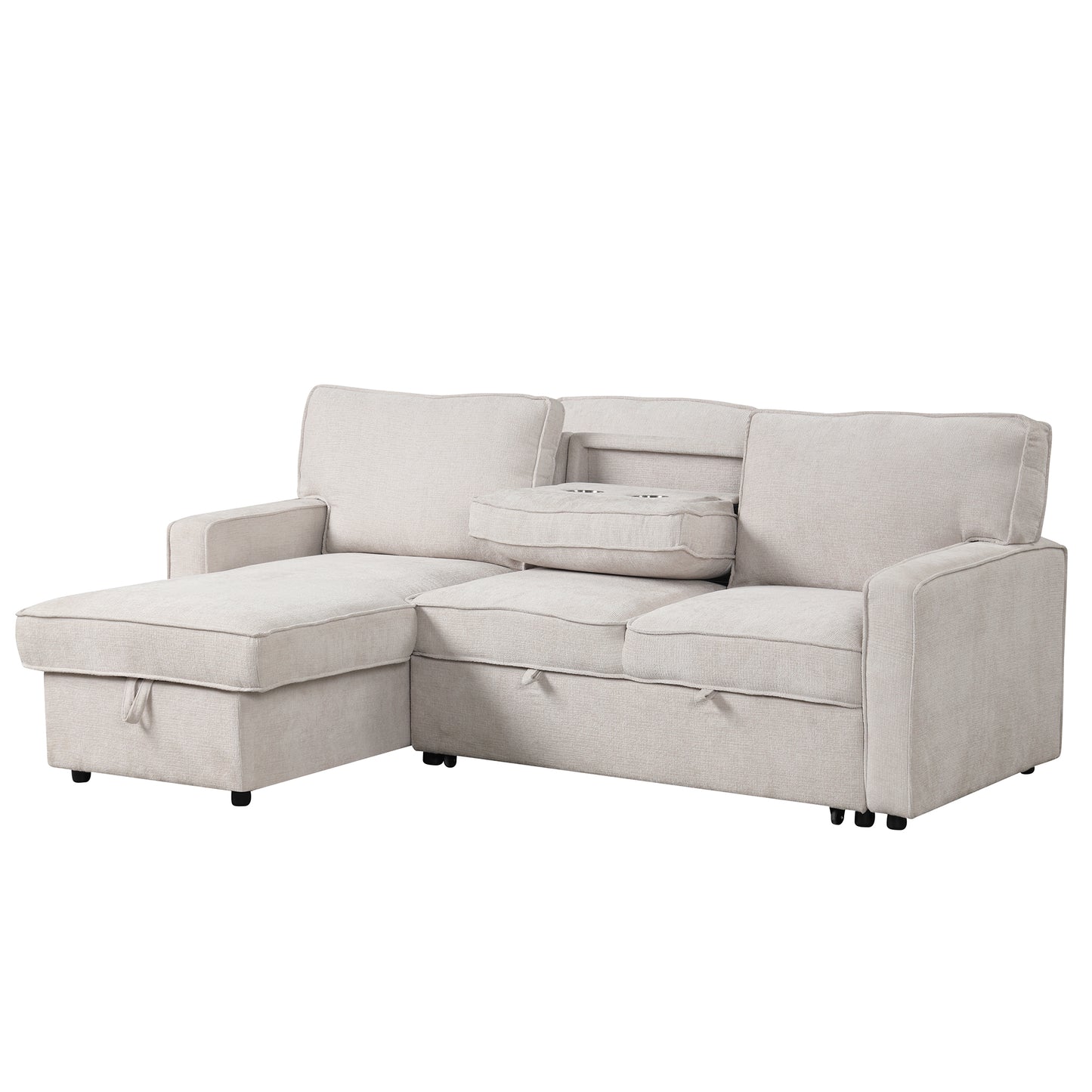 U_STYLE Upholstery Sleeper Sectional Sofa with Storage Space, USB port, 2 cup holders on Back Cushions(same sku; WY000335AAA) image 4