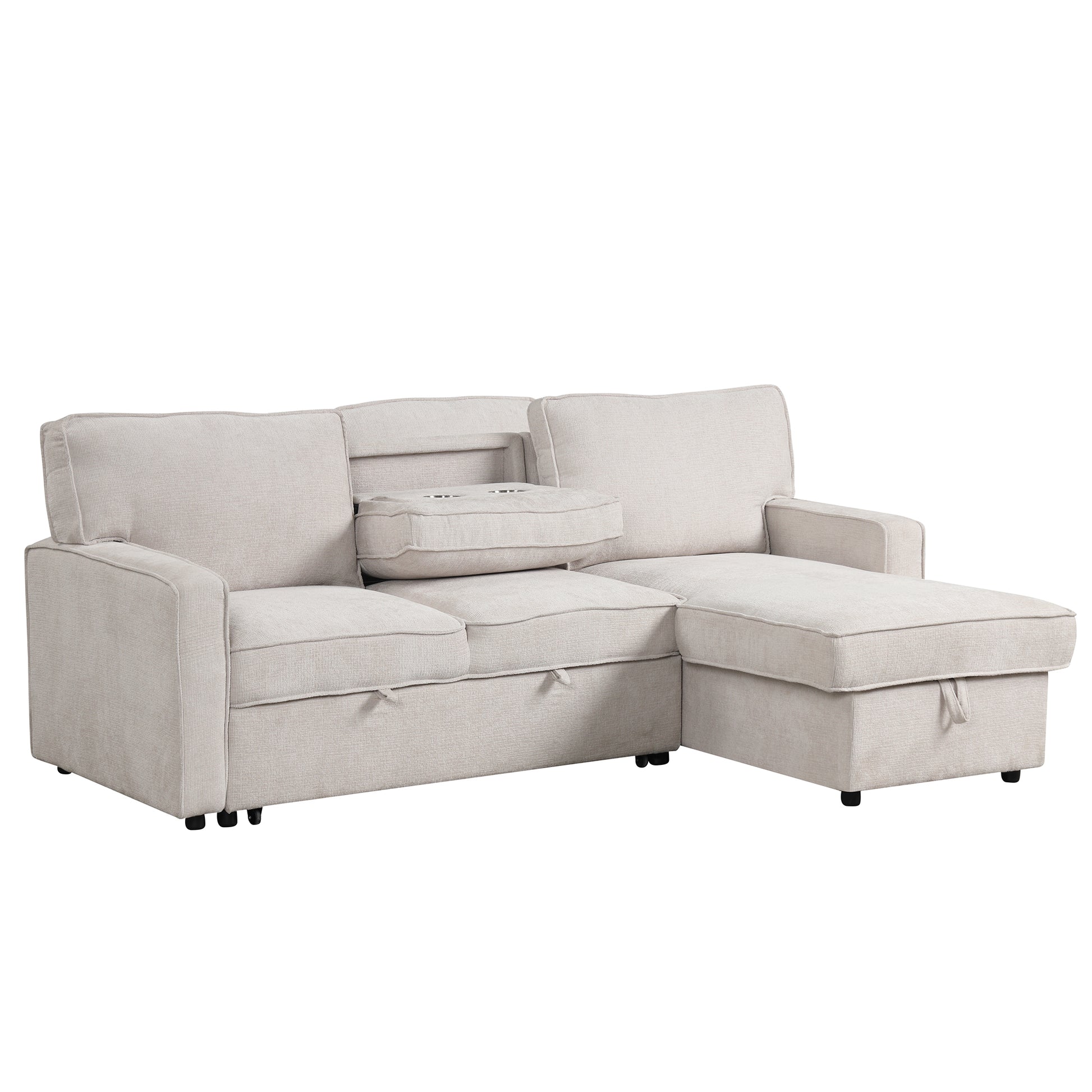 U_STYLE Upholstery Sleeper Sectional Sofa with Storage Space, USB port, 2 cup holders on Back Cushions(same sku; WY000335AAA) image 7