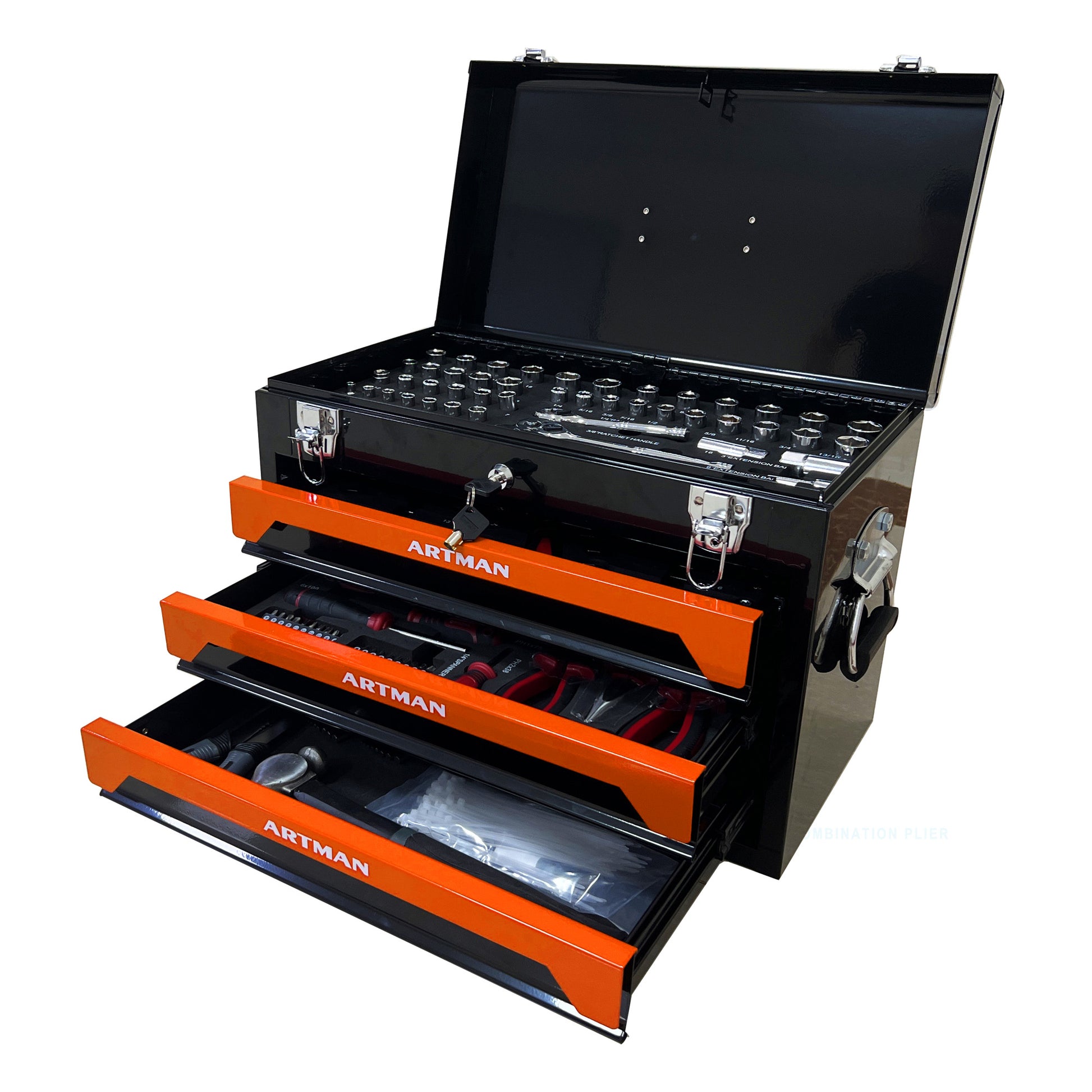 20'' Portable 3-Drawer Steel Toolbox, 4 Layers of Tools with Metal Latches, with Top Storage Tray and carrying Handle, Multi-Function Tool Storage for Garage, Home, or Workbench,Black&Orange image 1