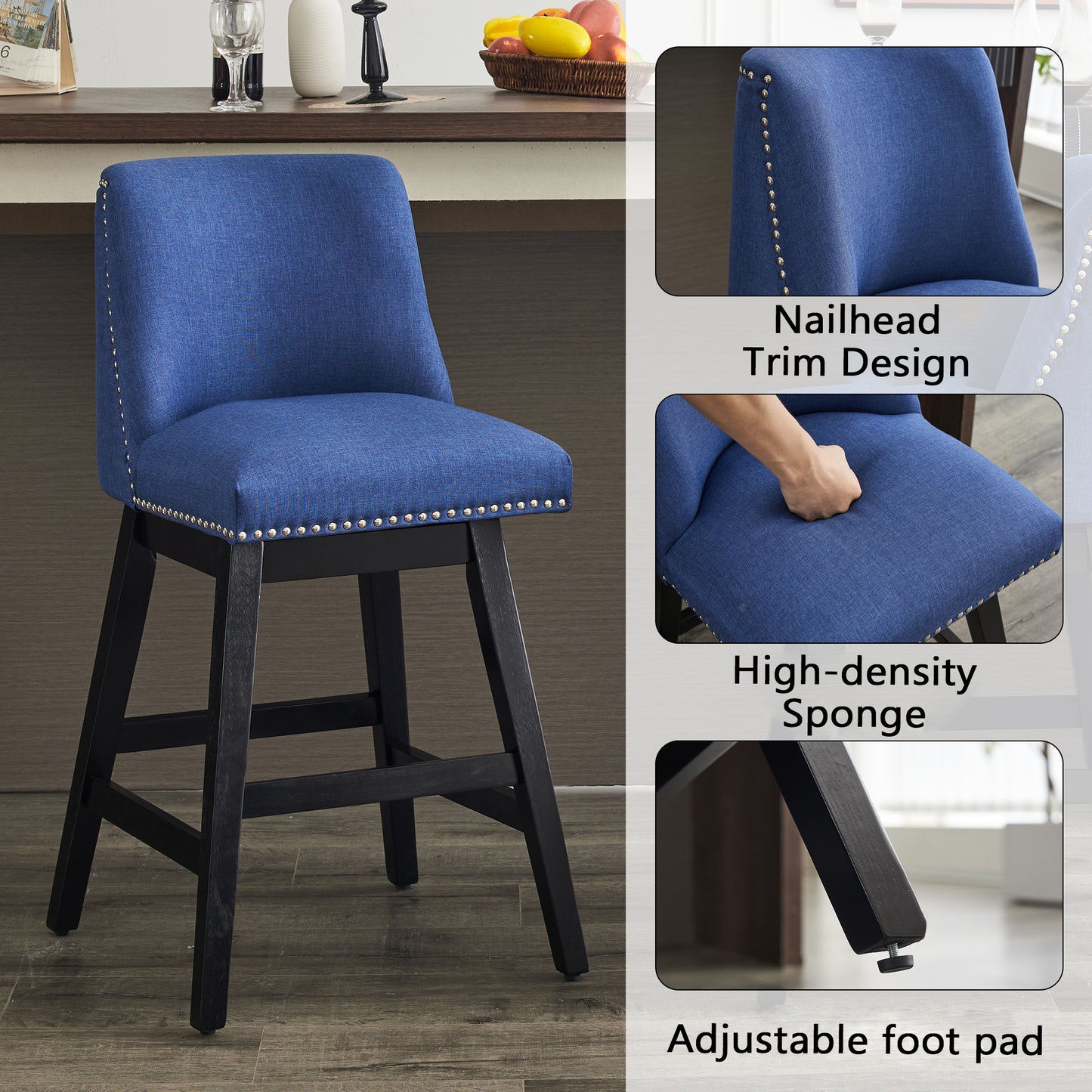 Upholstered Swivel Bar Stools Set of 2, 26" Counter Height Modern Chairs with Ergonomic Design, Wood Frame & Adjustable Foot Pad for Kitchen Island, Home Bar, Dining Room, Dark Blue image 3