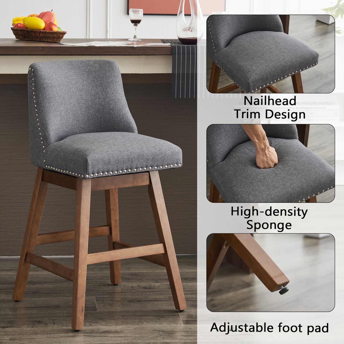 Upholstered Swivel Bar Stools Set of 2, 26" Counter Height Modern Chairs with Ergonomic Design, Wood Frame & Adjustable Foot Pad for Kitchen Island, Home Bar, Dining Room, Dark Grey image 3